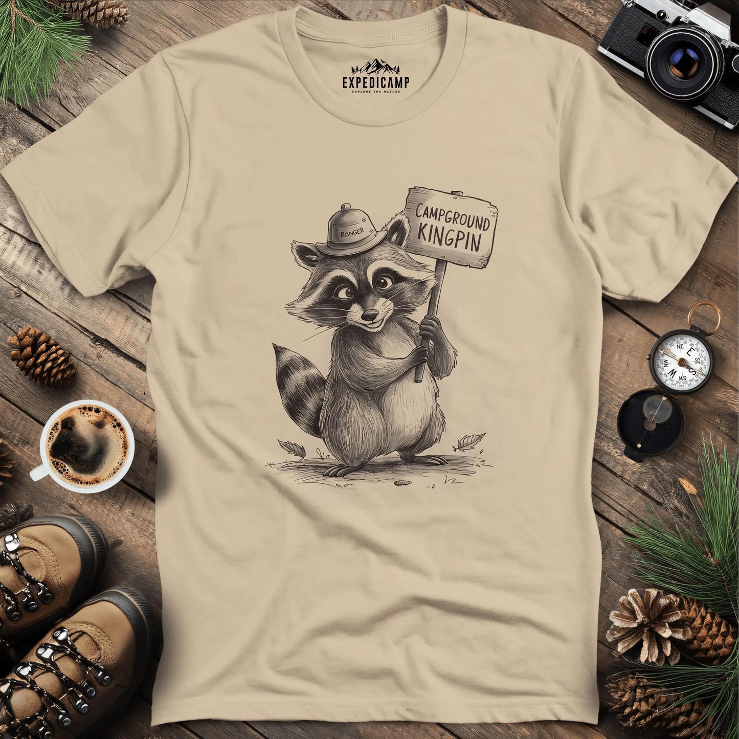 Campground Kingpin Raccoon T-Shirt – Sand – Outdoor apparel for travel, hiking, camping, and nature lovers – ExpediCamp