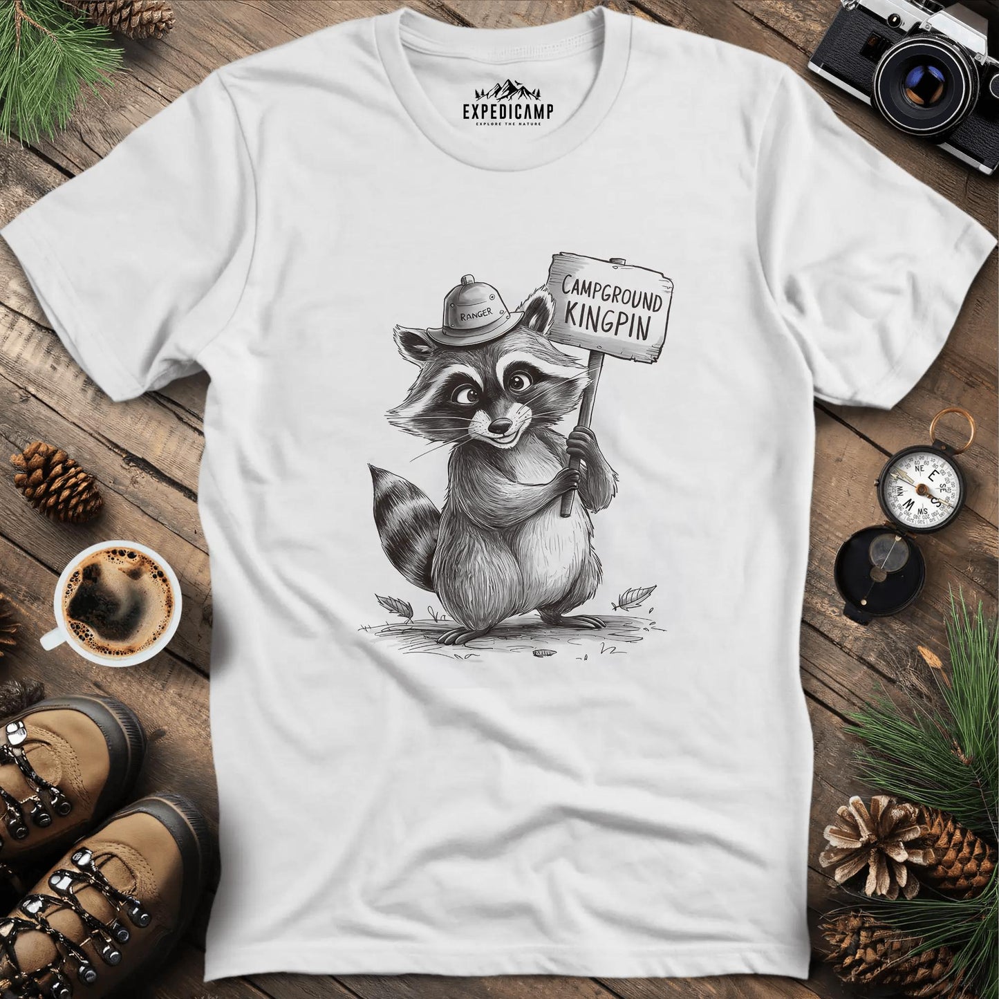 Campground Kingpin Raccoon T-Shirt – White – Outdoor apparel for travel, hiking, camping, and nature lovers – ExpediCamp