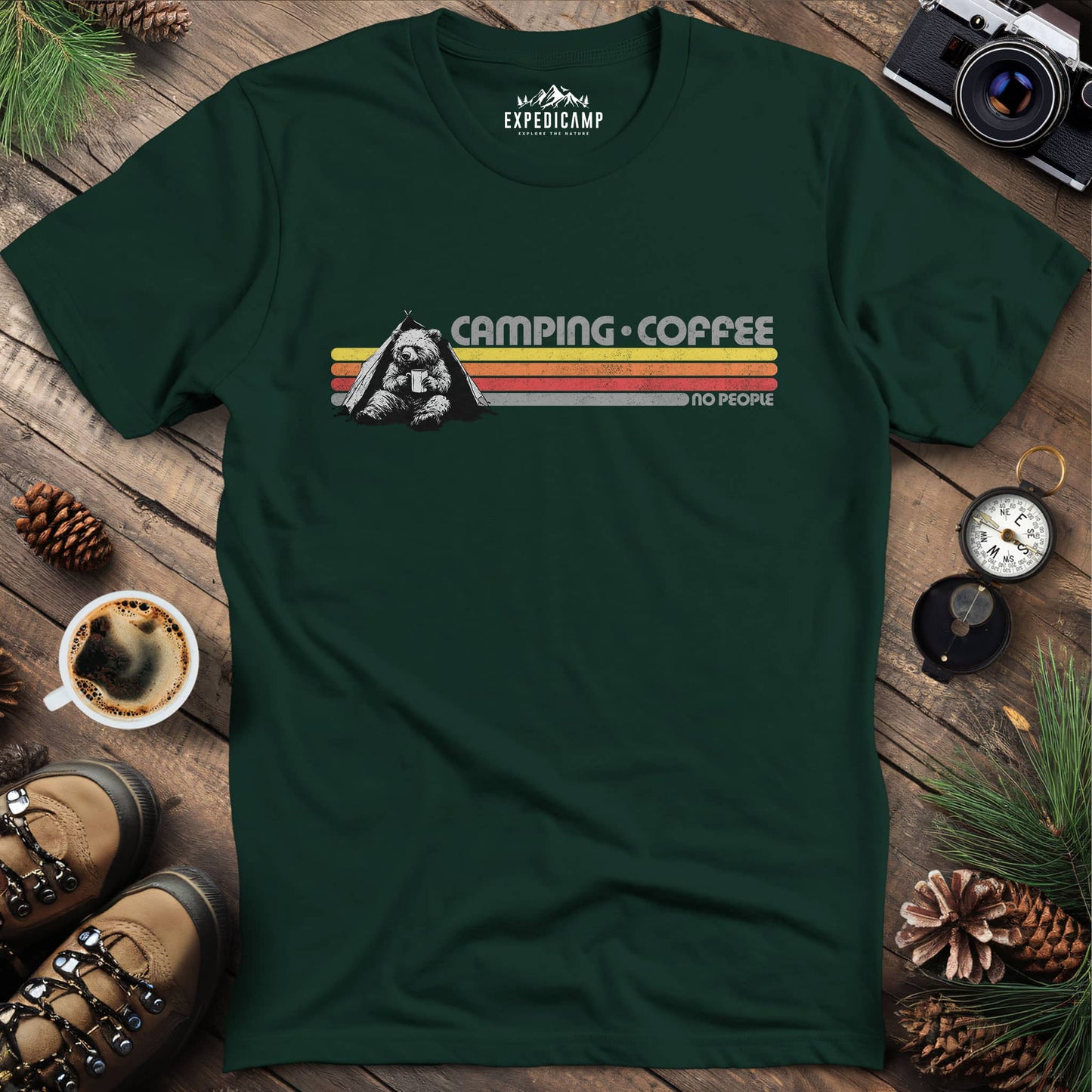 Camping Coffee No People Bear T-Shirt – Forest Green – Outdoor apparel for travel, hiking, camping, and nature lovers – ExpediCamp