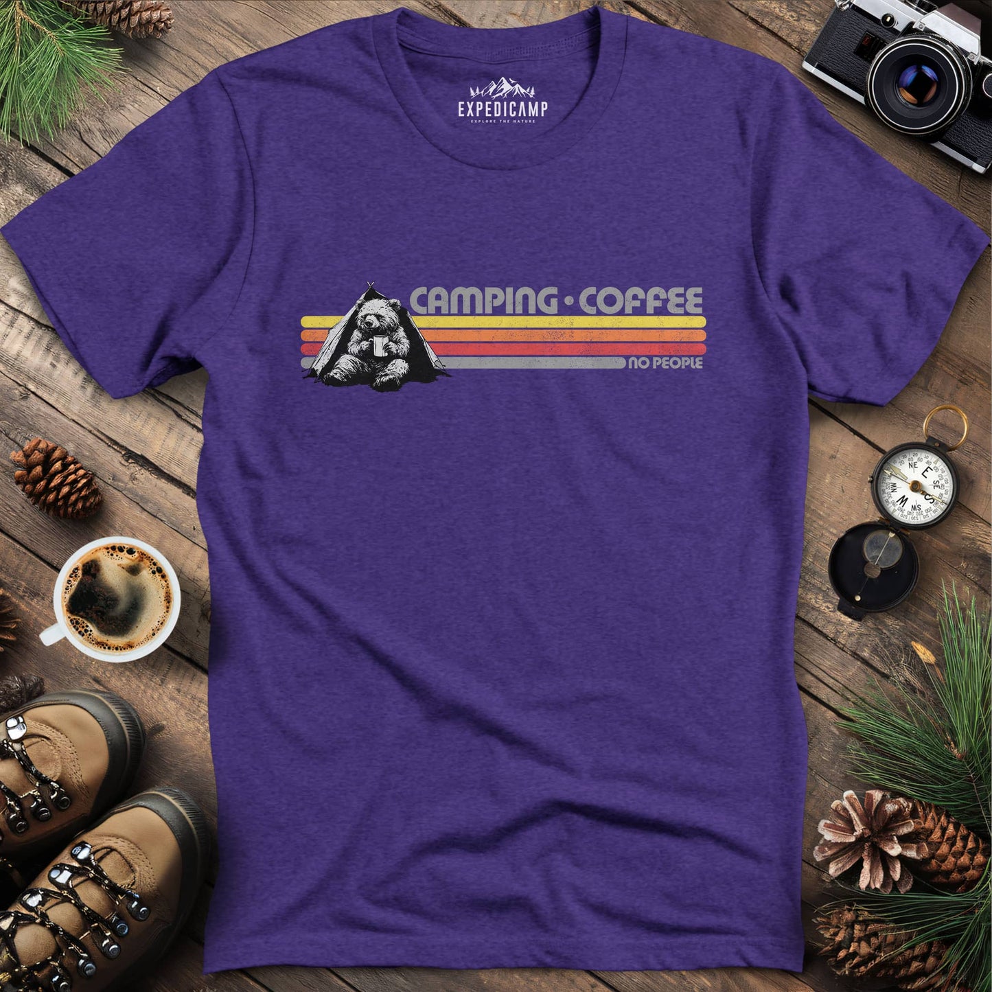 Camping Coffee No People Bear T-Shirt – Heather Purple – Outdoor apparel for travel, hiking, camping, and nature lovers – ExpediCamp