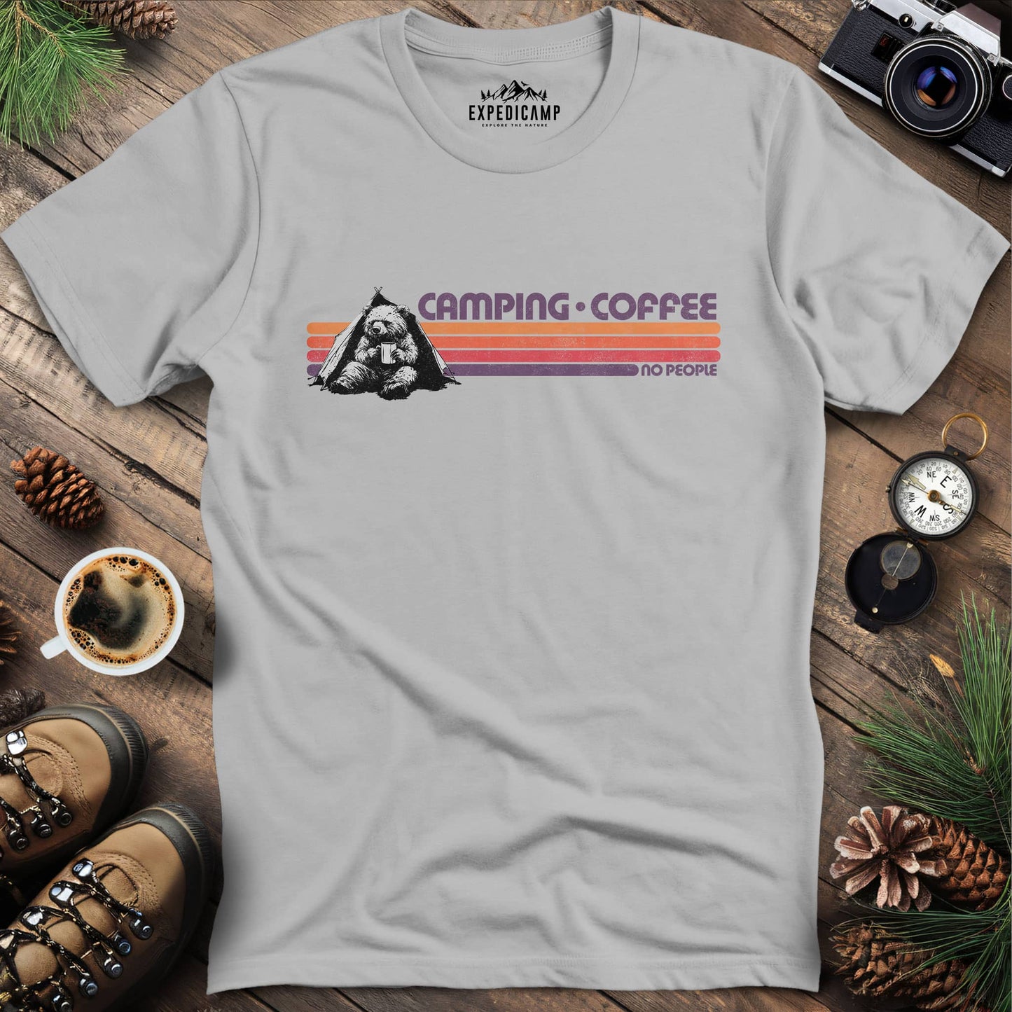 Camping Coffee No People Bear T-Shirt – Ice Grey – Outdoor apparel for travel, hiking, camping, and nature lovers – ExpediCamp