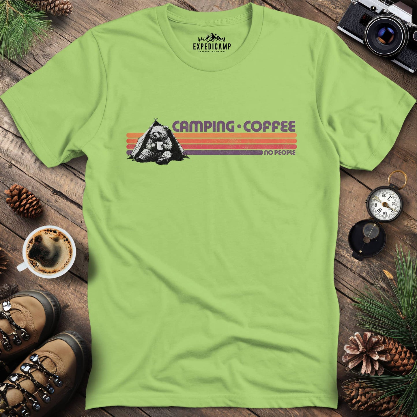 Camping Coffee No People Bear T-Shirt – Kiwi – Outdoor apparel for travel, hiking, camping, and nature lovers – ExpediCamp