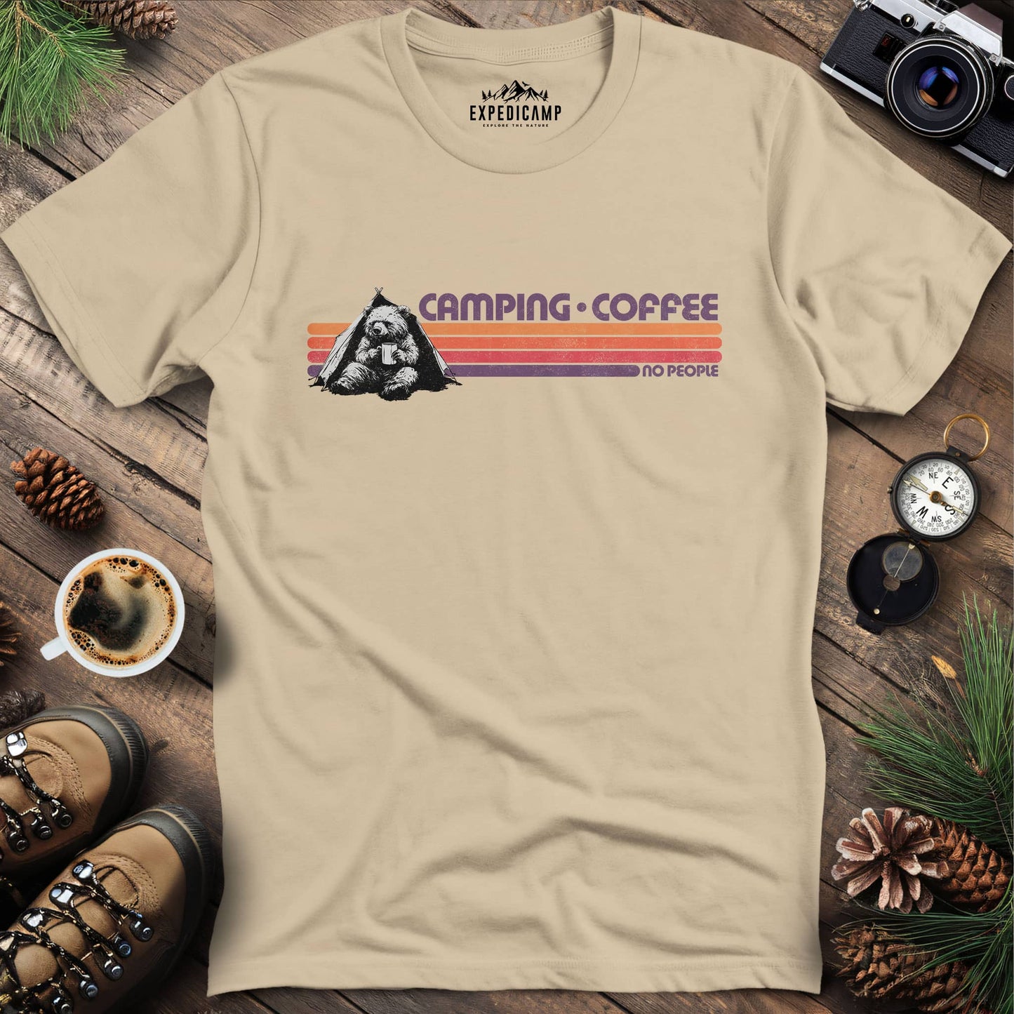 Camping Coffee No People Bear T-Shirt – Sand – Outdoor apparel for travel, hiking, camping, and nature lovers – ExpediCamp