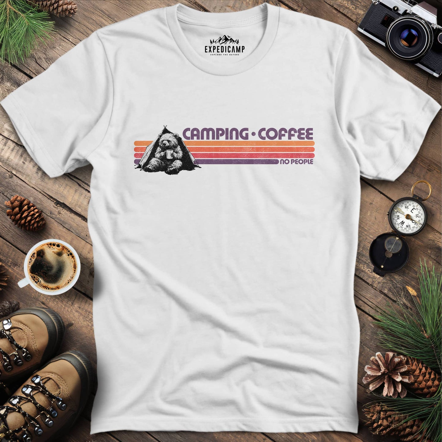 Camping Coffee No People Bear T-Shirt – White – Outdoor apparel for travel, hiking, camping, and nature lovers – ExpediCamp