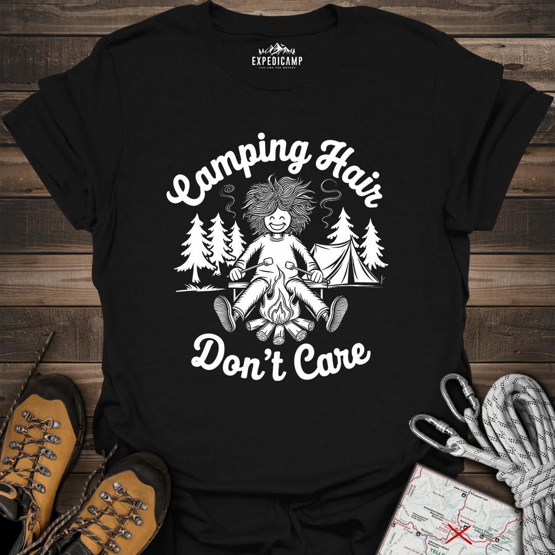 Camping Hair Don't Care T-Shirt – Black – Outdoor apparel for travel, hiking, camping, and nature lovers – ExpediCamp