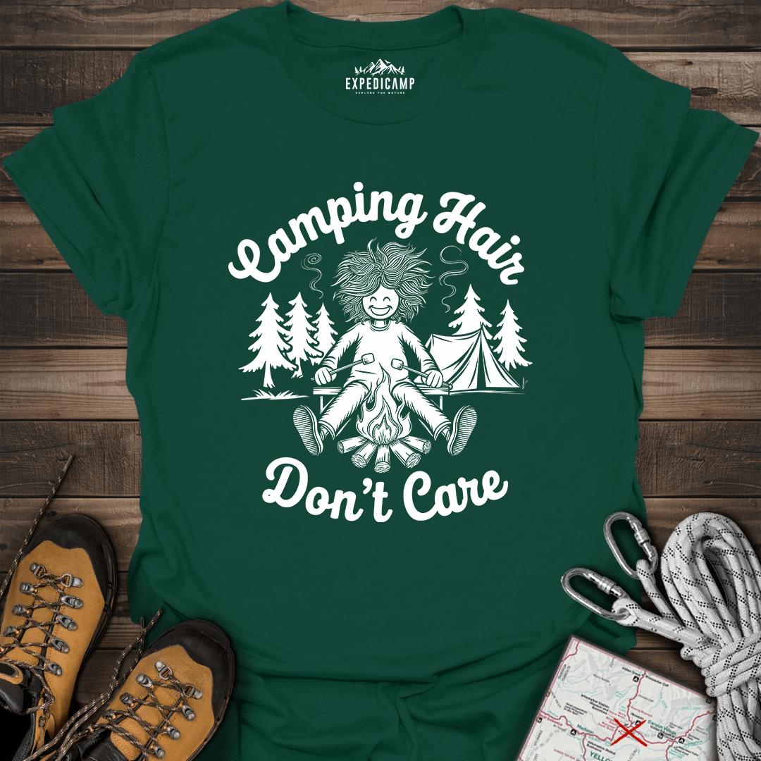 Camping Hair Don't Care T-Shirt – Forest Green – Outdoor apparel for travel, hiking, camping, and nature lovers – ExpediCamp