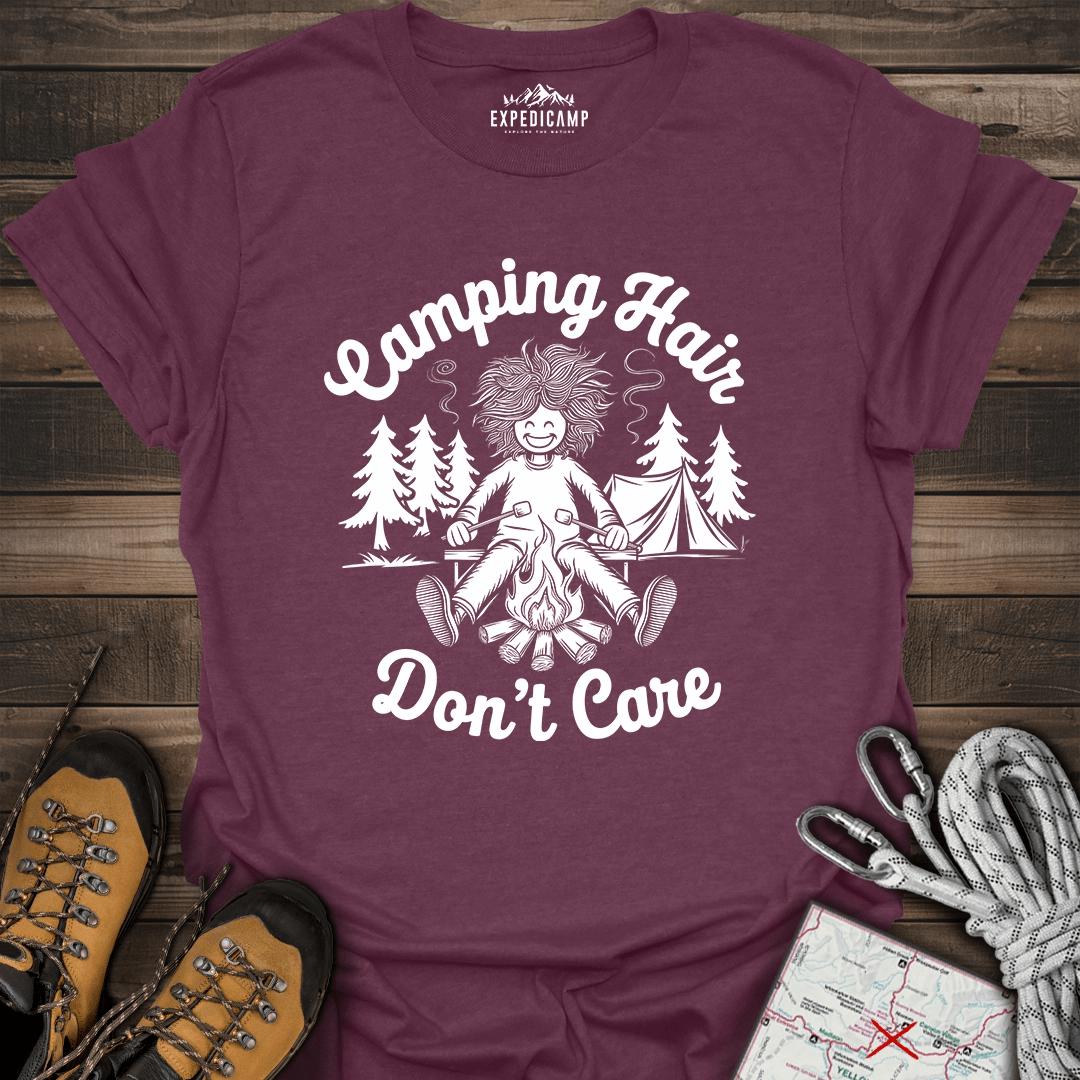 Camping Hair Don't Care T-Shirt – Heather Maroon – Outdoor apparel for travel, hiking, camping, and nature lovers – ExpediCamp
