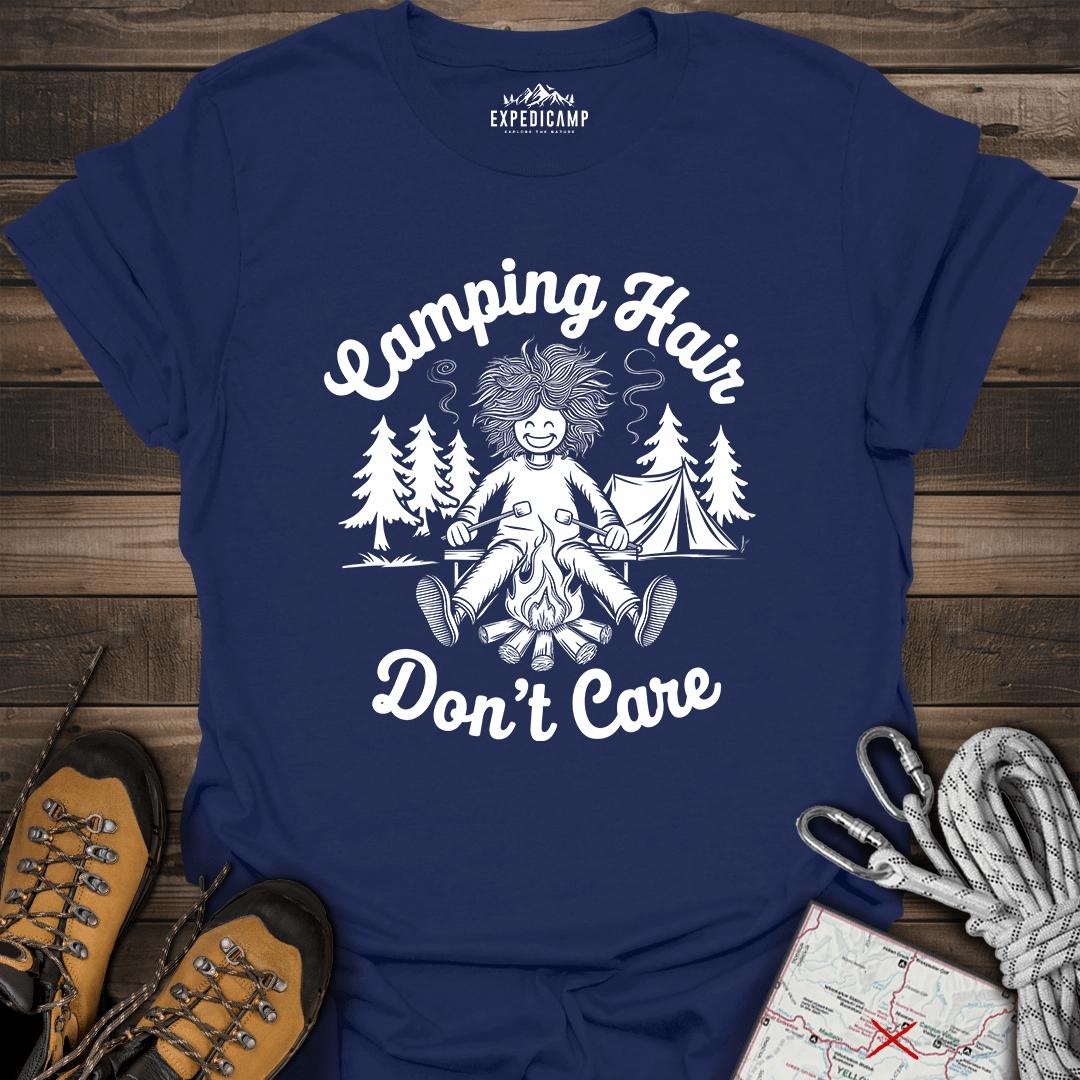Camping Hair Don't Care T-Shirt – Navy – Outdoor apparel for travel, hiking, camping, and nature lovers – ExpediCamp
