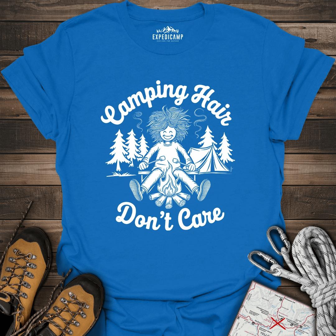 Camping Hair Don't Care T-Shirt – Royal – Outdoor apparel for travel, hiking, camping, and nature lovers – ExpediCamp