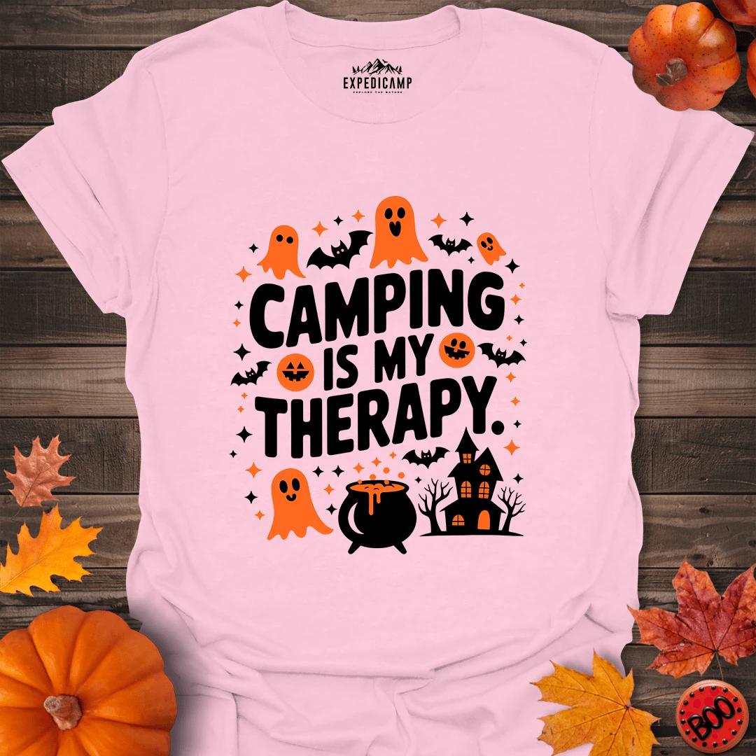 Camping Is My Therapy Halloween T-Shirt – Light Pink – Outdoor apparel for travel, hiking, camping, and nature lovers – ExpediCamp