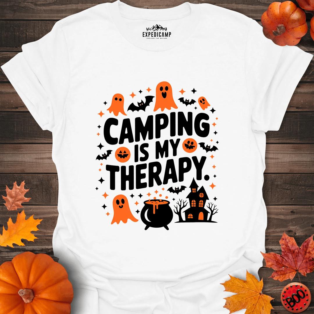 Camping Is My Therapy Halloween T-Shirt – White – Outdoor apparel for travel, hiking, camping, and nature lovers – ExpediCamp