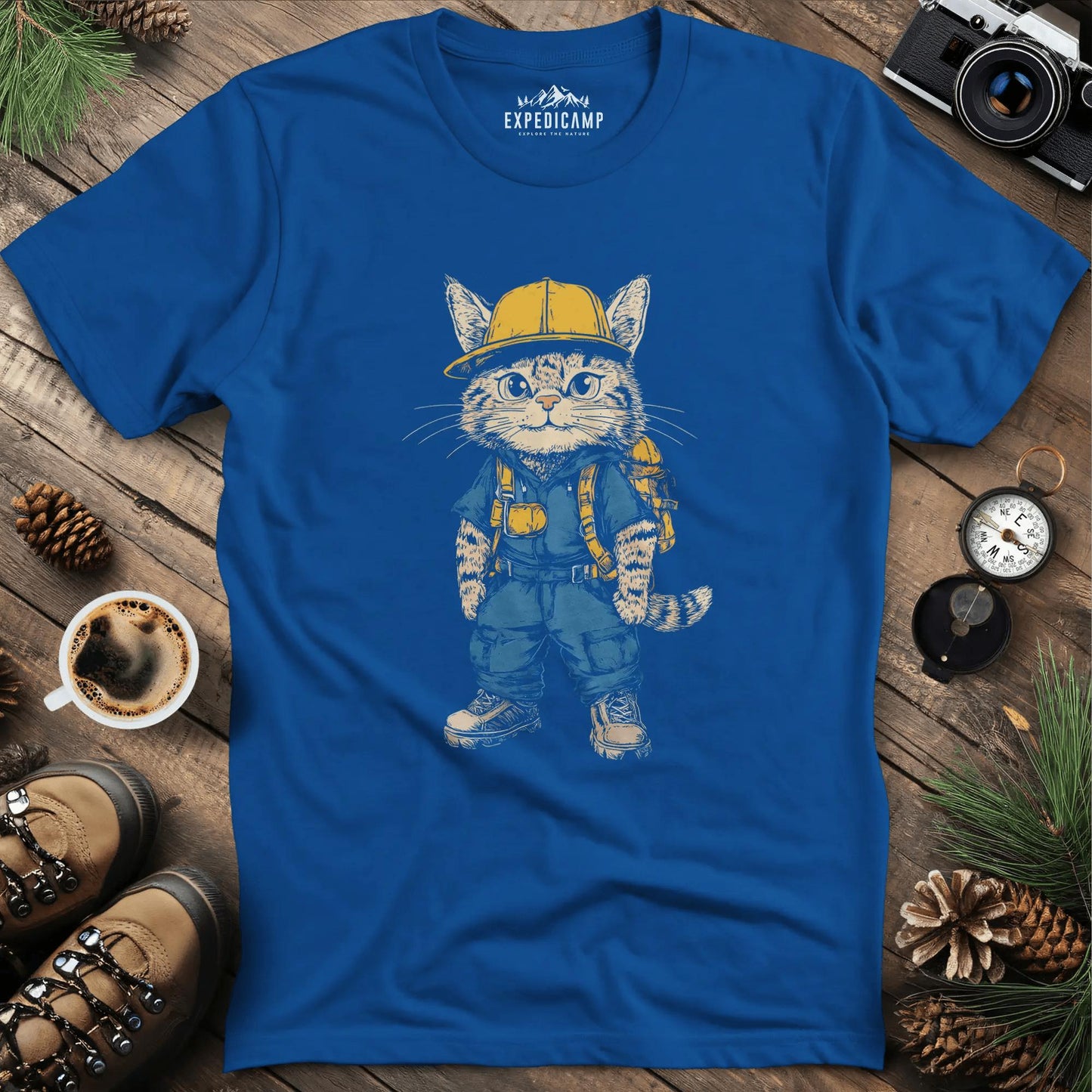Cat Hiker T-Shirt – Curious Explorer – Royal – Outdoor apparel for travel, hiking, camping, and nature lovers – ExpediCamp
