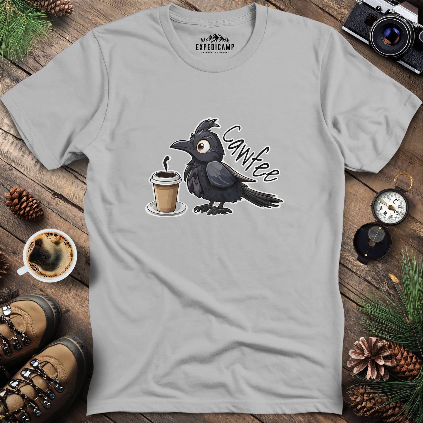 Cawfee Crow Funny Coffee Bird T-Shirt – Ice Grey – Outdoor apparel for travel, hiking, camping, and nature lovers – ExpediCamp