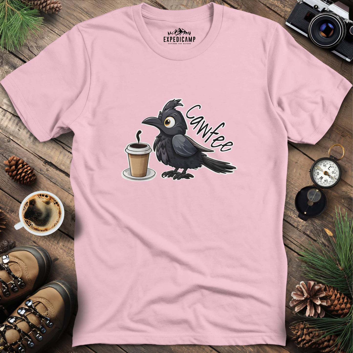 Cawfee Crow Funny Coffee Bird T-Shirt – Light Pink – Outdoor apparel for travel, hiking, camping, and nature lovers – ExpediCamp