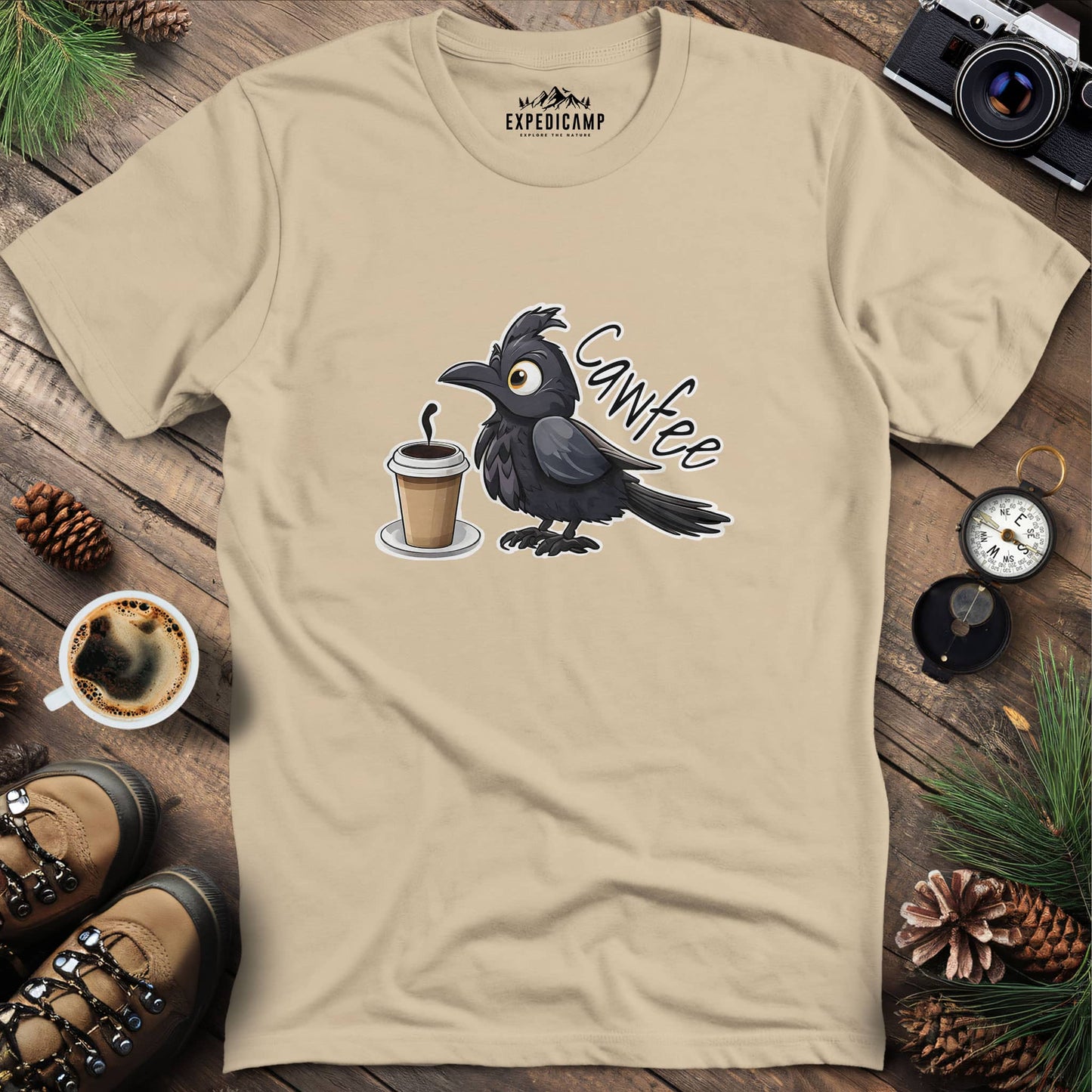 Cawfee Crow Funny Coffee Bird T-Shirt – Sand – Outdoor apparel for travel, hiking, camping, and nature lovers – ExpediCamp