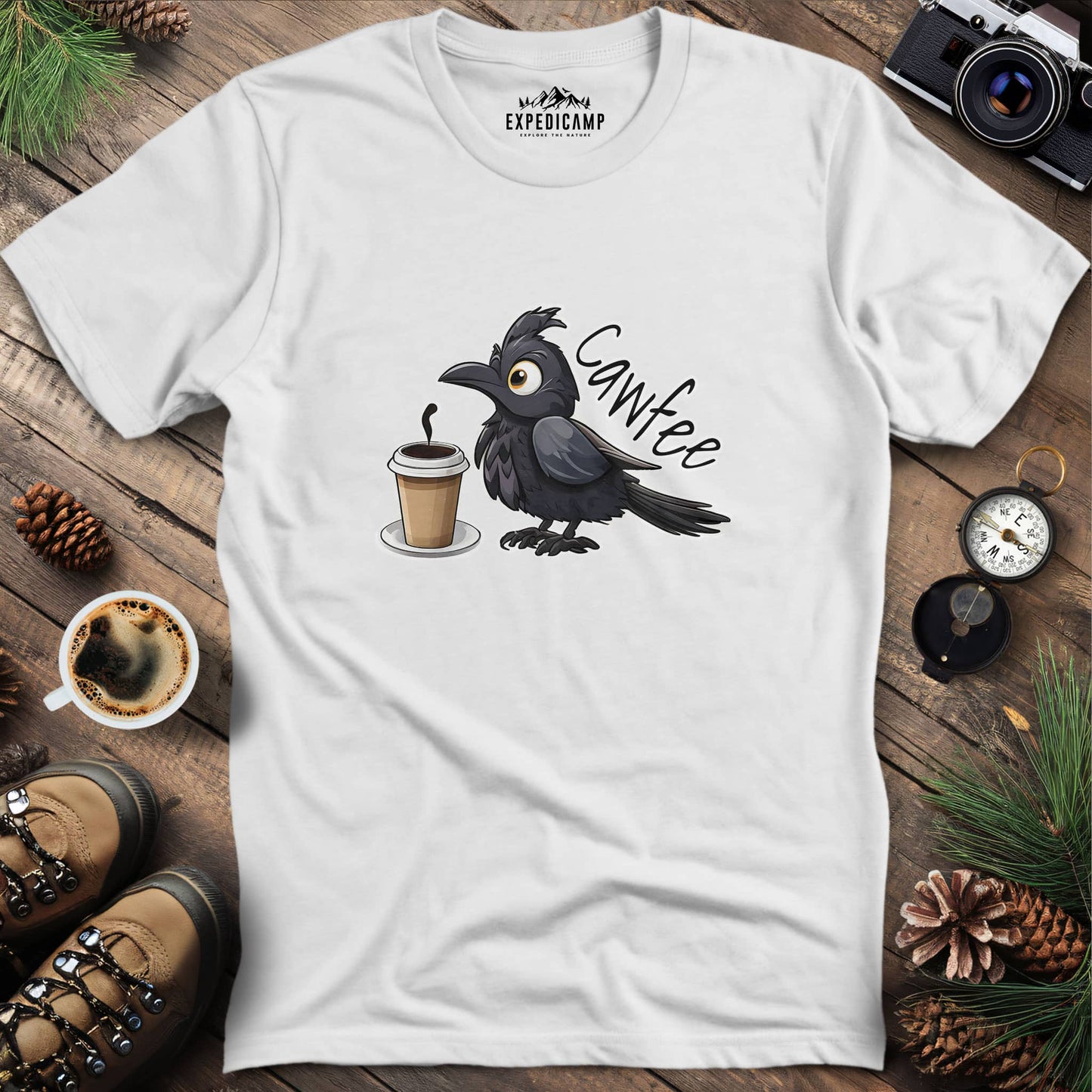 Cawfee Crow Funny Coffee Bird T-Shirt – White – Outdoor apparel for travel, hiking, camping, and nature lovers – ExpediCamp