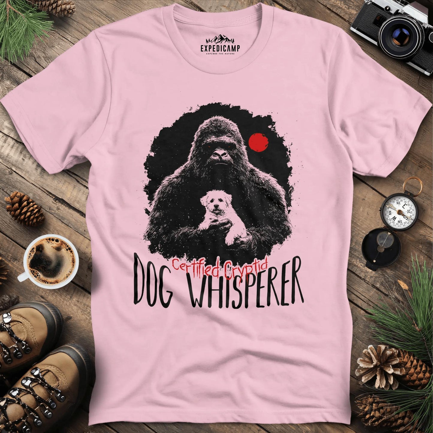 Certified Cryptid Dog Whisperer Bigfoot T-Shirt – Light Pink – Outdoor apparel for travel, hiking, camping, and nature lovers – ExpediCamp