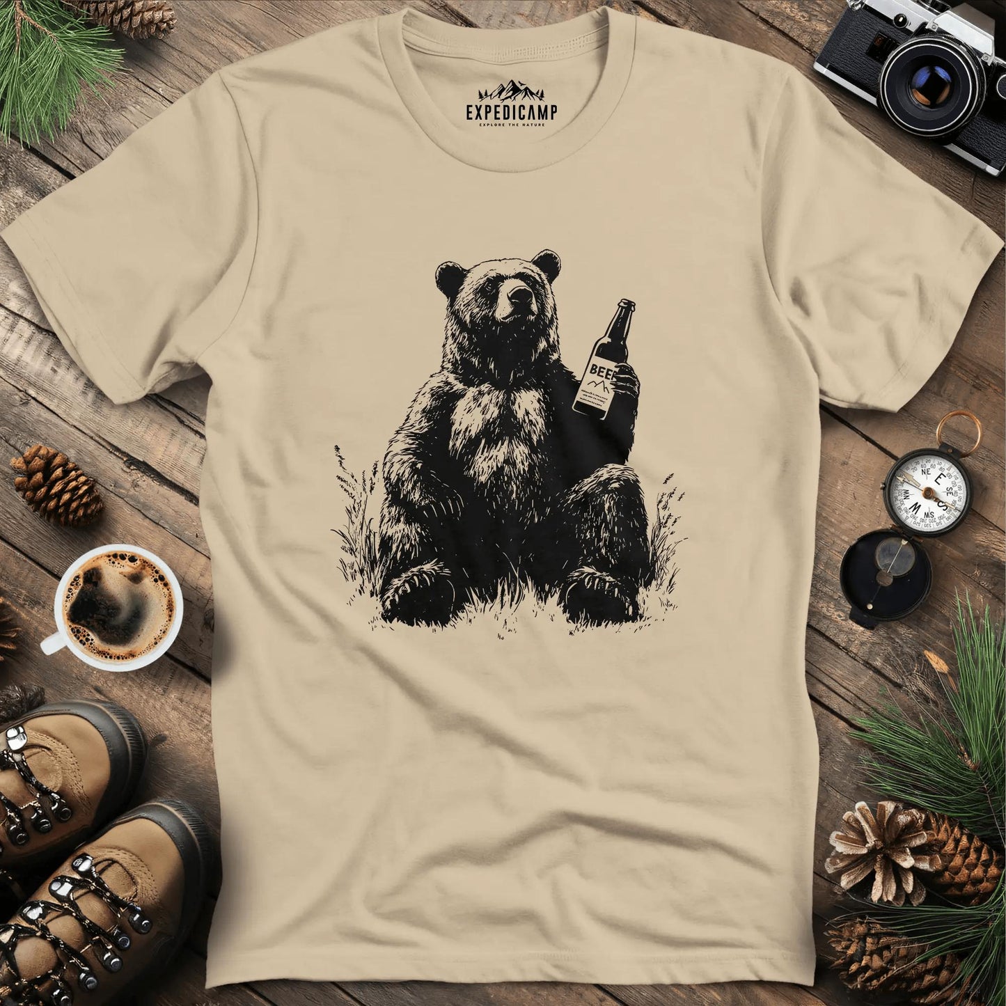 Chill Beer Bear T-Shirt – Sand – Outdoor apparel for travel, hiking, camping, and nature lovers – ExpediCamp