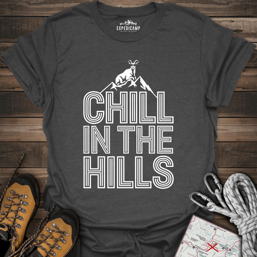 Chill In The Hills T-Shirt – Dark Heather – Outdoor apparel for travel, hiking, camping, and nature lovers – ExpediCamp