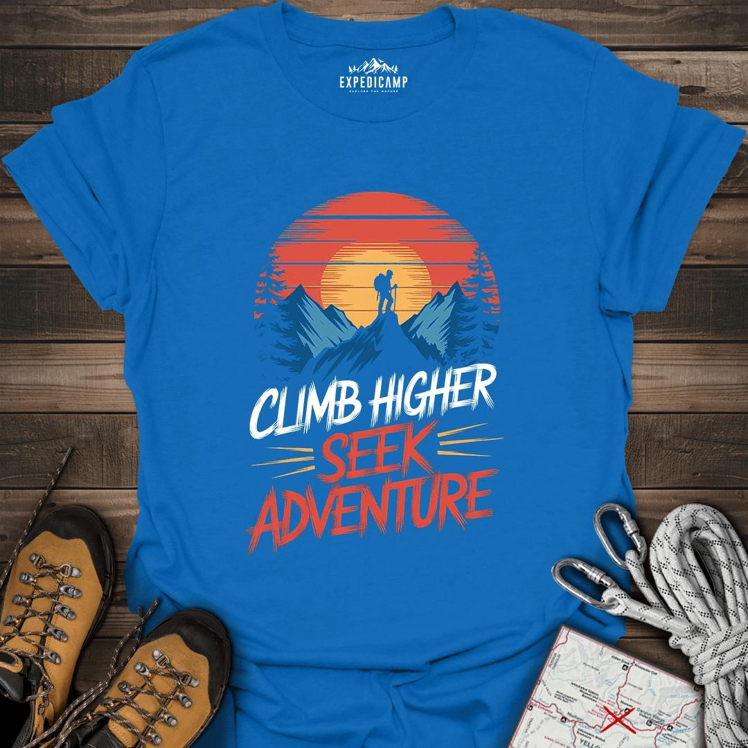 Climb Higher Seek Adventure T-Shirt – Royal – Outdoor apparel for travel, hiking, camping, and nature lovers – ExpediCamp