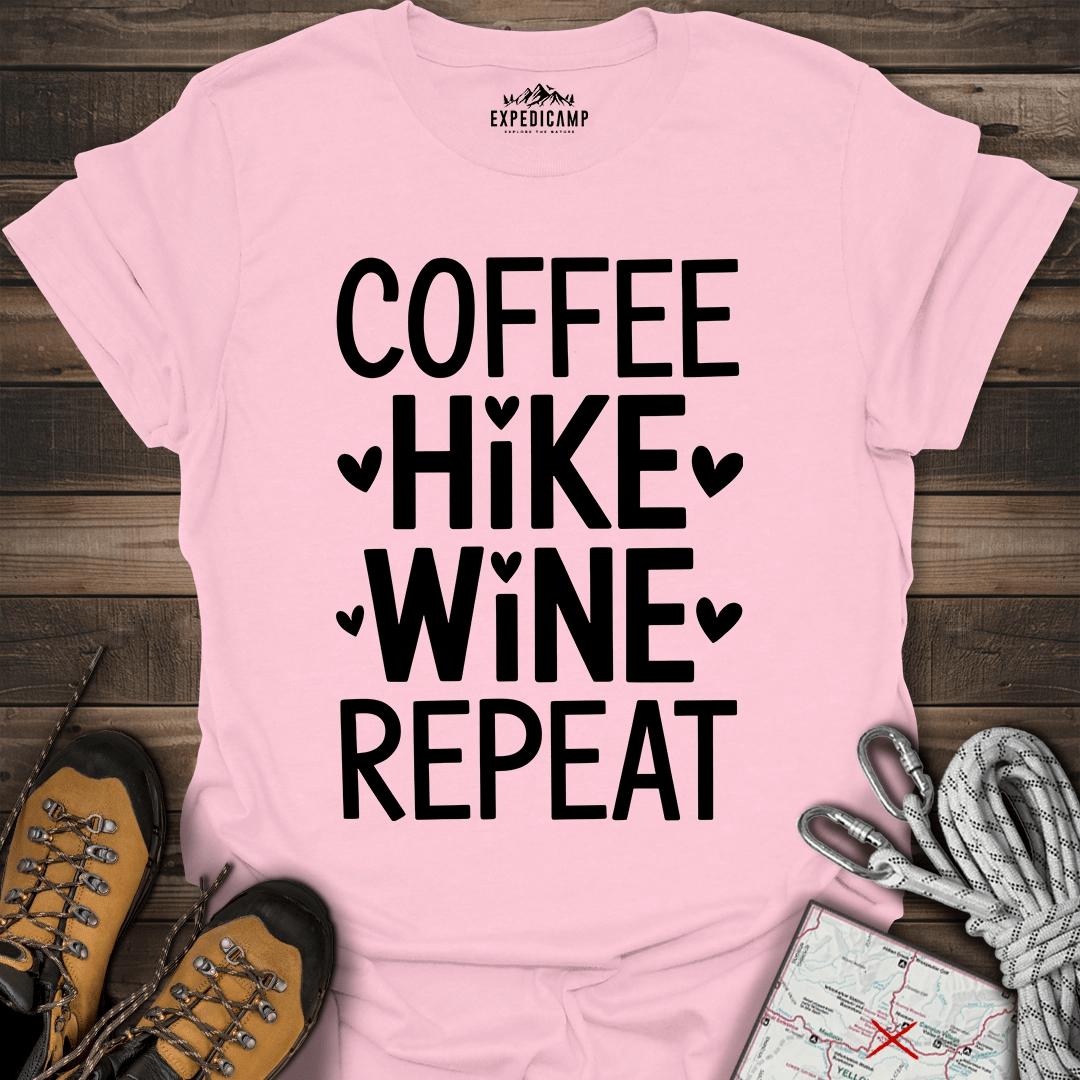 Coffee Hike Wine Repeat T-Shirt – Light Pink – Outdoor apparel for travel, hiking, camping, and nature lovers – ExpediCamp