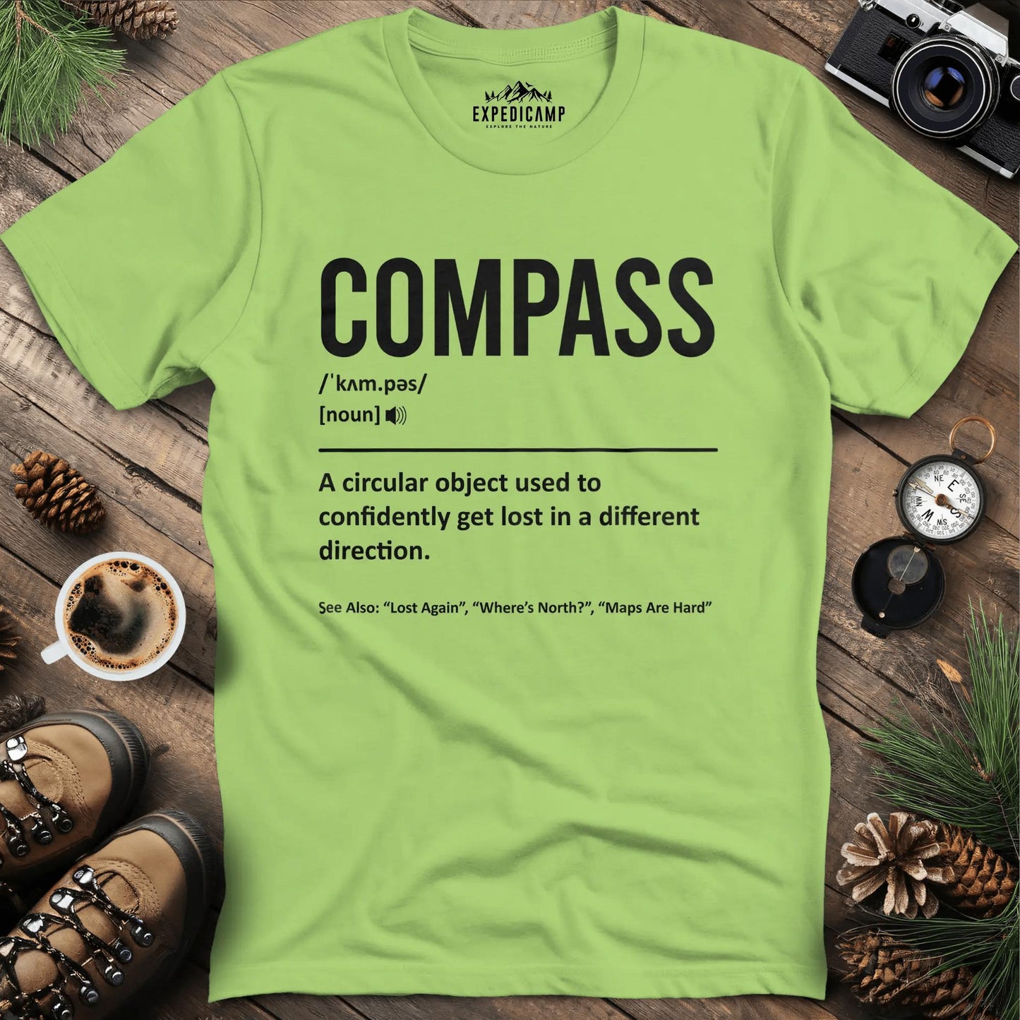Compass Definition T-Shirt – Kiwi – Outdoor apparel for travel, hiking, camping, and nature lovers – ExpediCamp