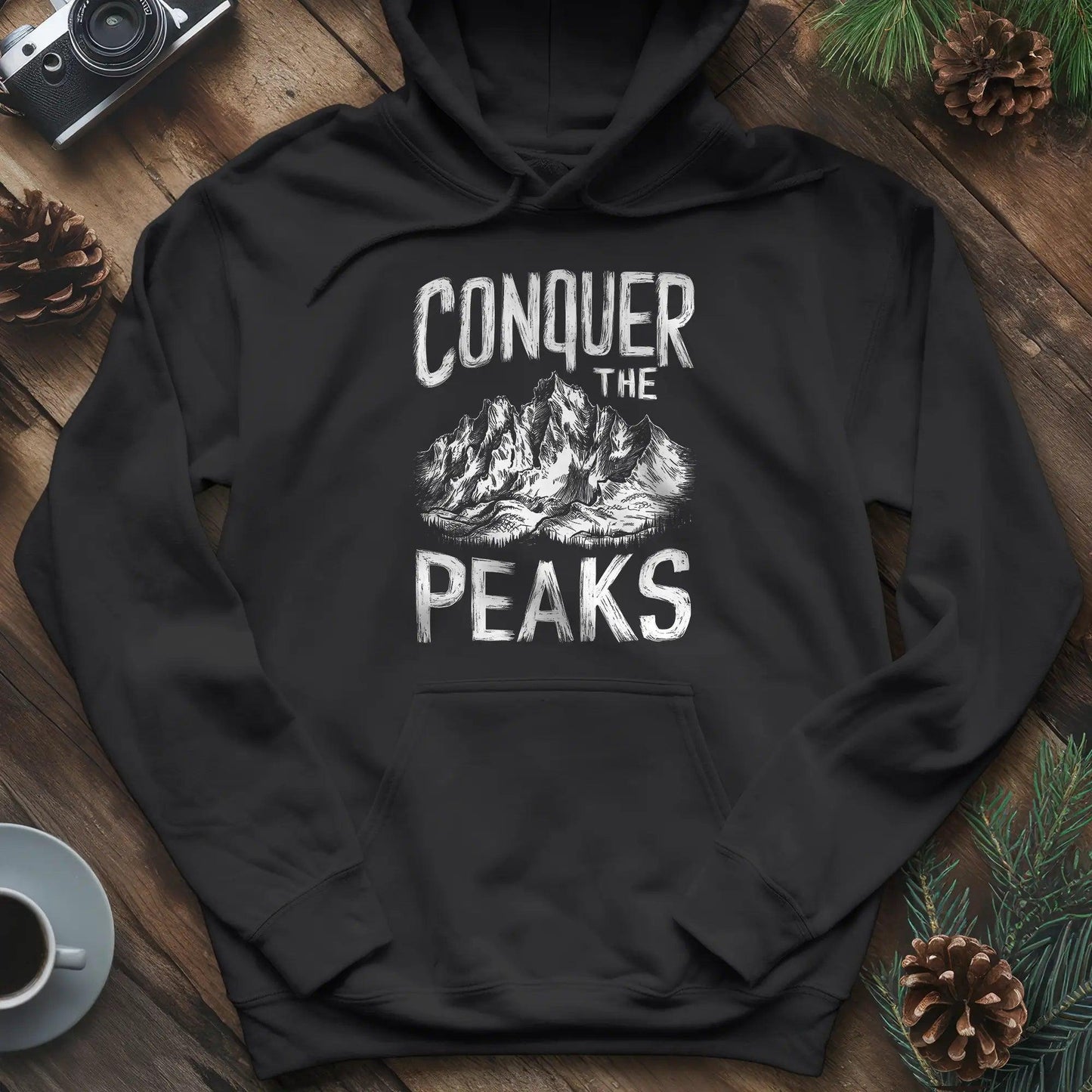 Conquer the Peaks Hoodie – Black – Outdoor apparel for travel, hiking, camping, and nature lovers – ExpediCamp