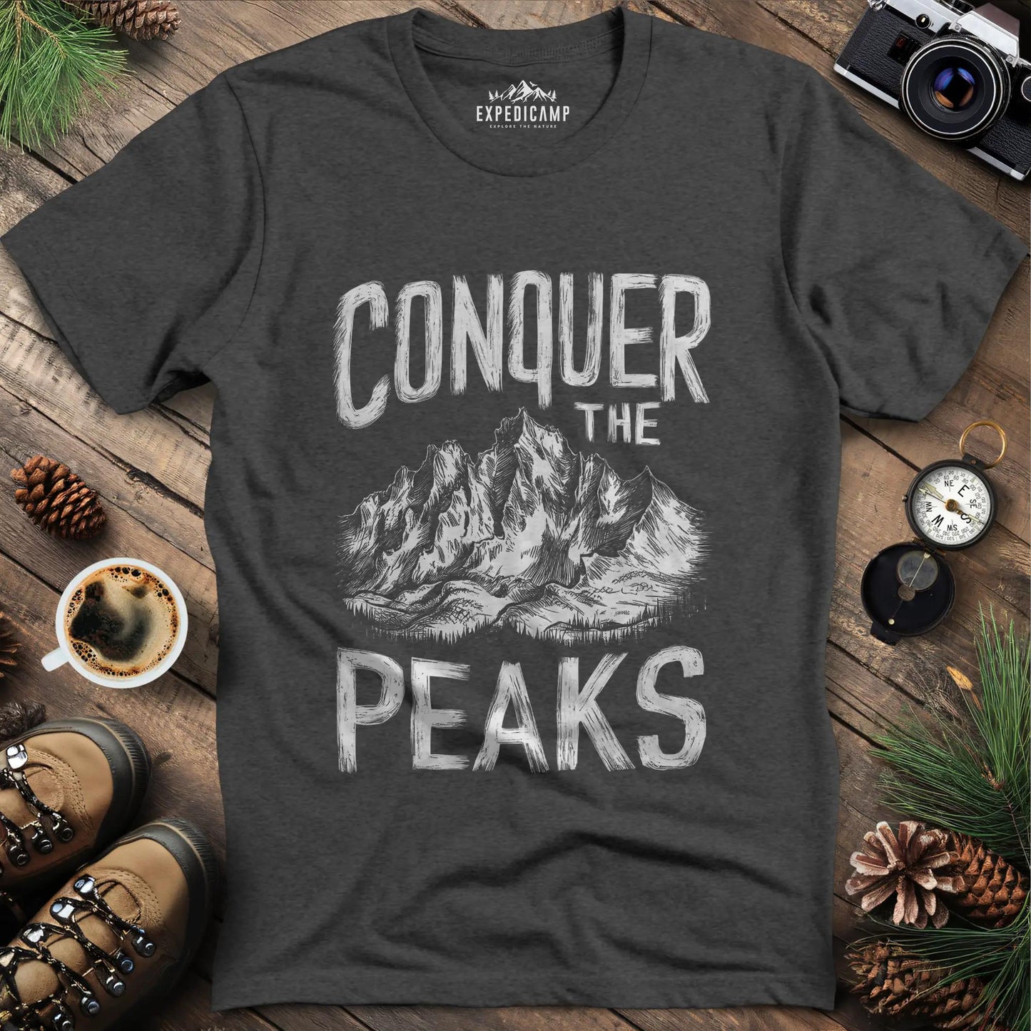 Conquer the Peaks T-Shirt – Dark Heather – Outdoor apparel for travel, hiking, camping, and nature lovers – ExpediCamp