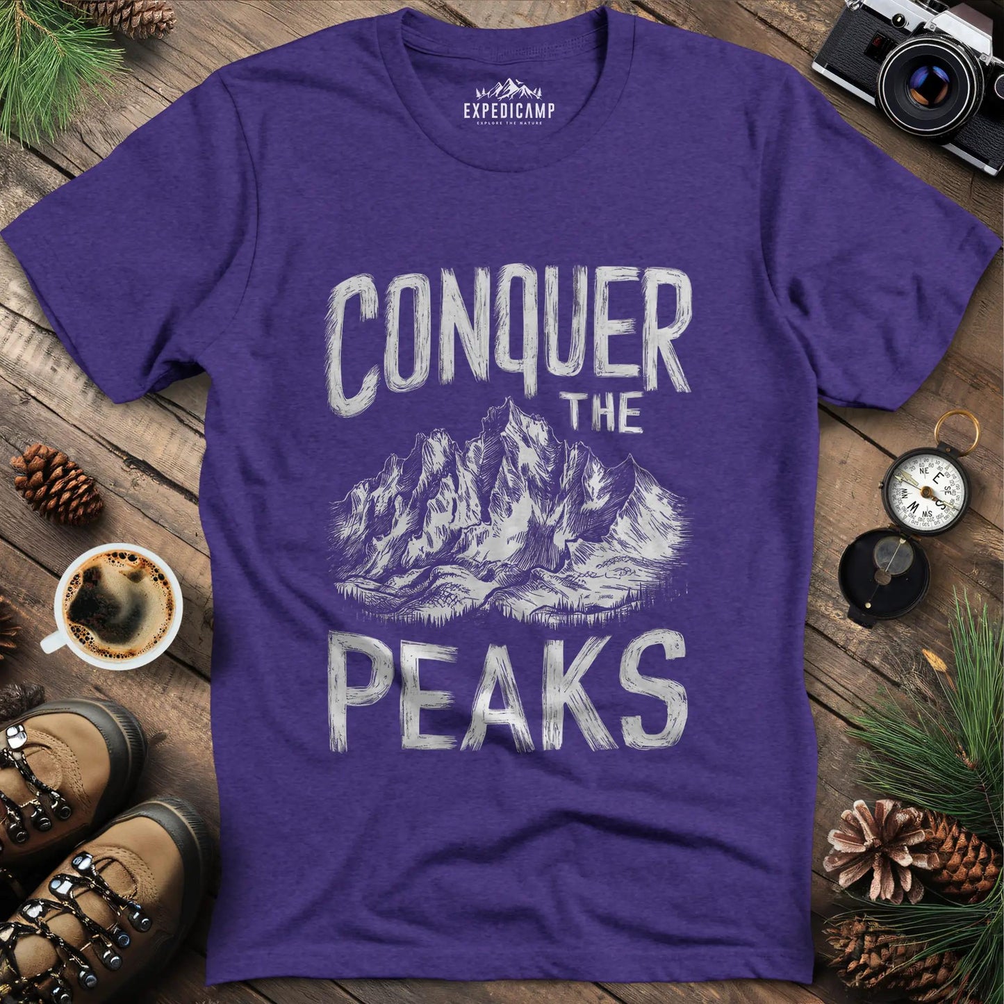 Conquer the Peaks T-Shirt – Heather Purple – Outdoor apparel for travel, hiking, camping, and nature lovers – ExpediCamp