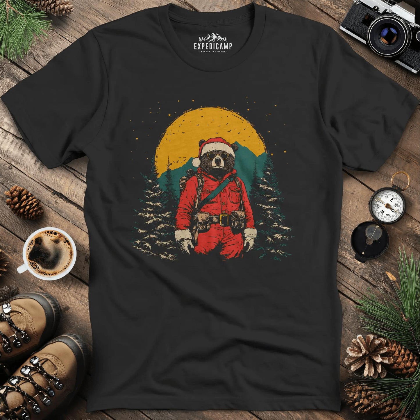 Cool Bear Santa T-Shirt – Black – Outdoor apparel for travel, hiking, camping, and nature lovers – ExpediCamp