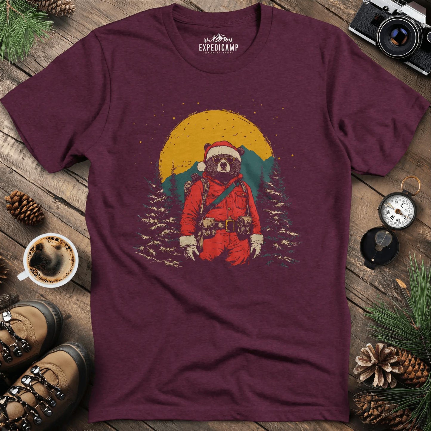Cool Bear Santa T-Shirt – Heather Maroon – Outdoor apparel for travel, hiking, camping, and nature lovers – ExpediCamp