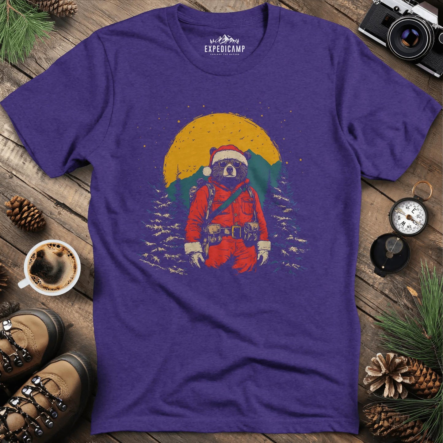 Cool Bear Santa T-Shirt – Heather Purple – Outdoor apparel for travel, hiking, camping, and nature lovers – ExpediCamp