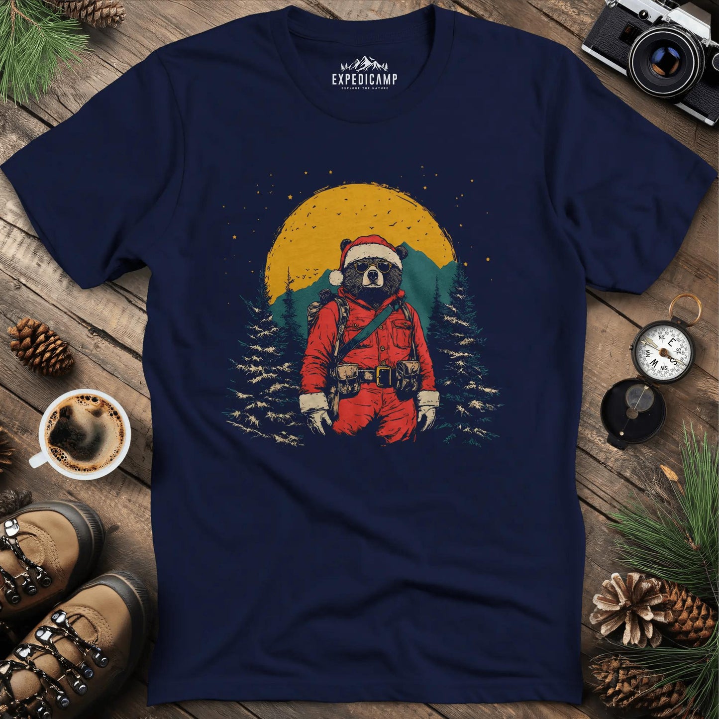 Cool Bear Santa T-Shirt – Navy – Outdoor apparel for travel, hiking, camping, and nature lovers – ExpediCamp