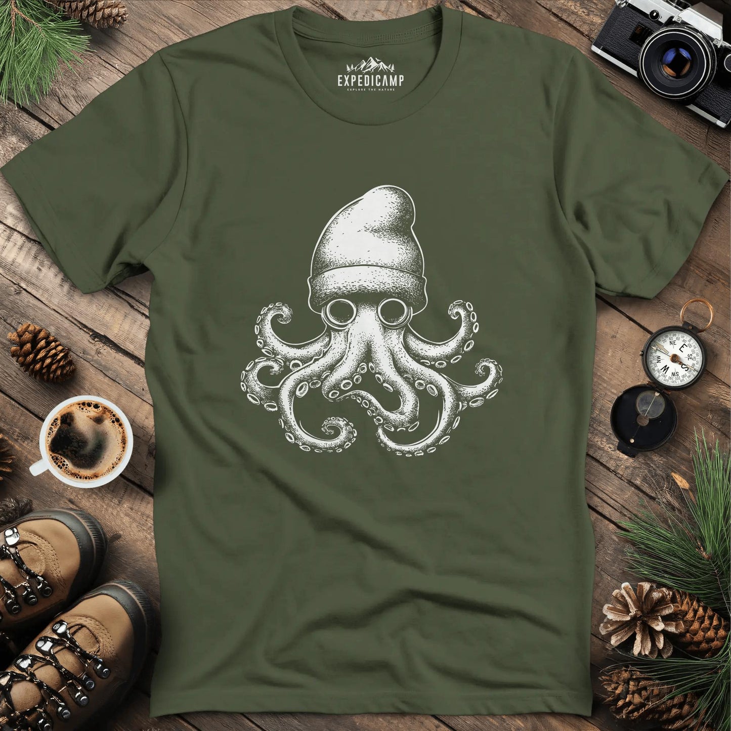 Cool Octopus in Beanie T-Shirt – Military Green – Outdoor apparel for travel, hiking, camping, and nature lovers – ExpediCamp