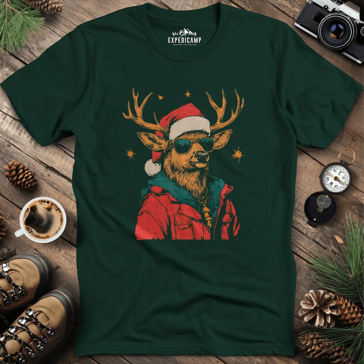 Cool Reindeer T-Shirt – Forest Green – Outdoor apparel for travel, hiking, camping, and nature lovers – ExpediCamp