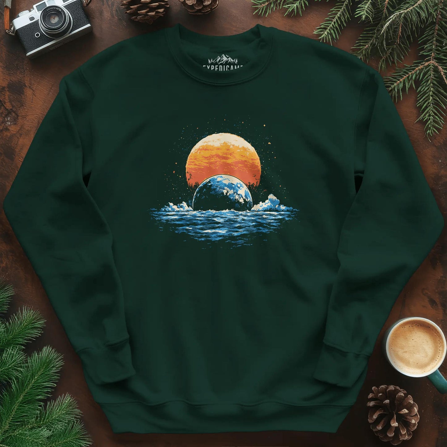 Cosmic Horizon Sweatshirt – Forest Green – Outdoor apparel for travel, hiking, camping, and nature lovers – ExpediCamp
