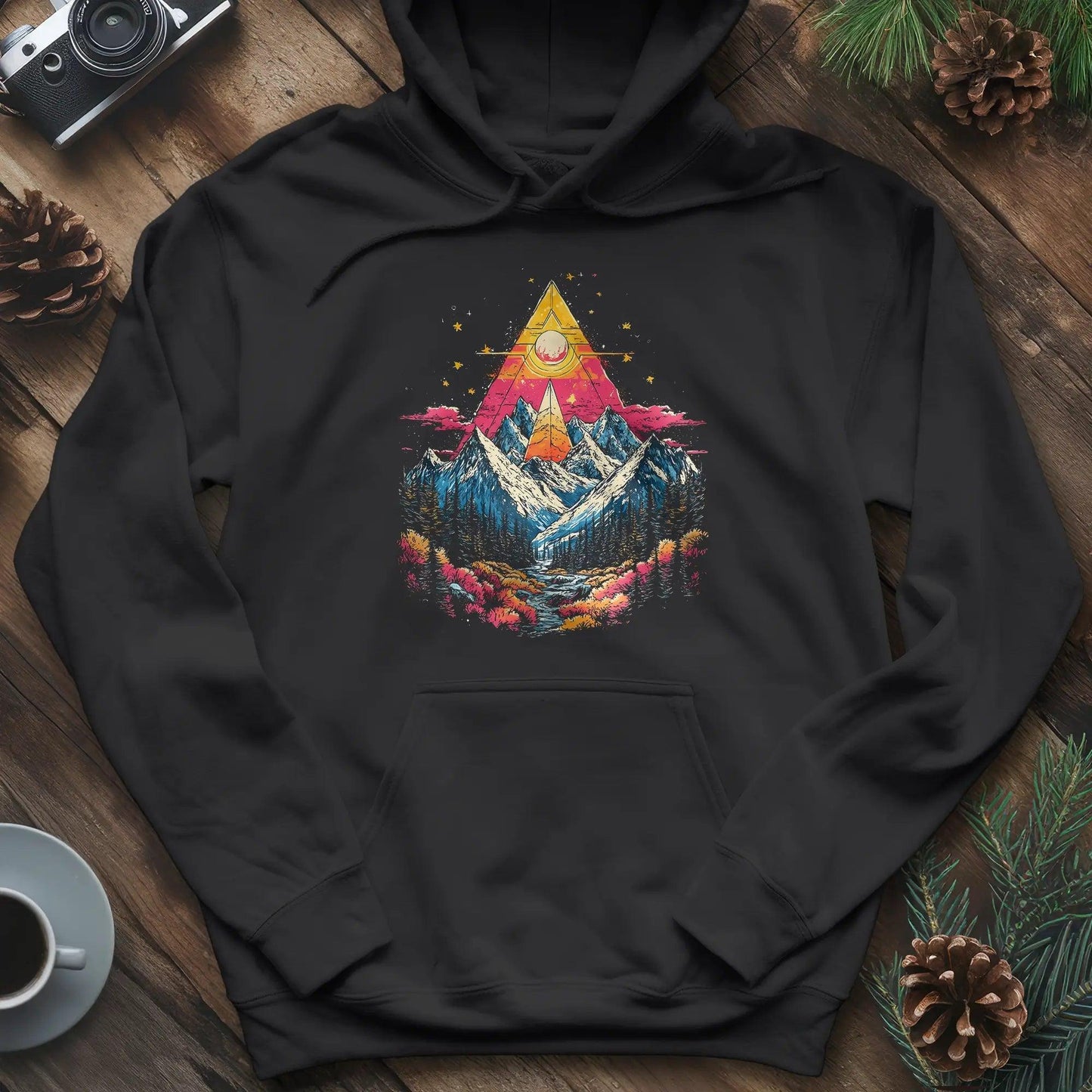 Cosmic Peaks Hoodie – Black – Outdoor apparel for travel, hiking, camping, and nature lovers – ExpediCamp