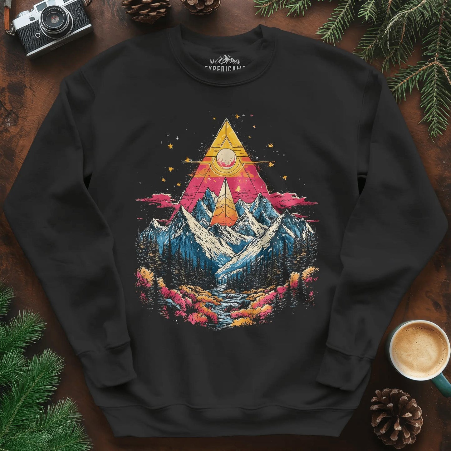 Cosmic Peaks Sweatshirt – Black – Outdoor apparel for travel, hiking, camping, and nature lovers – ExpediCamp
