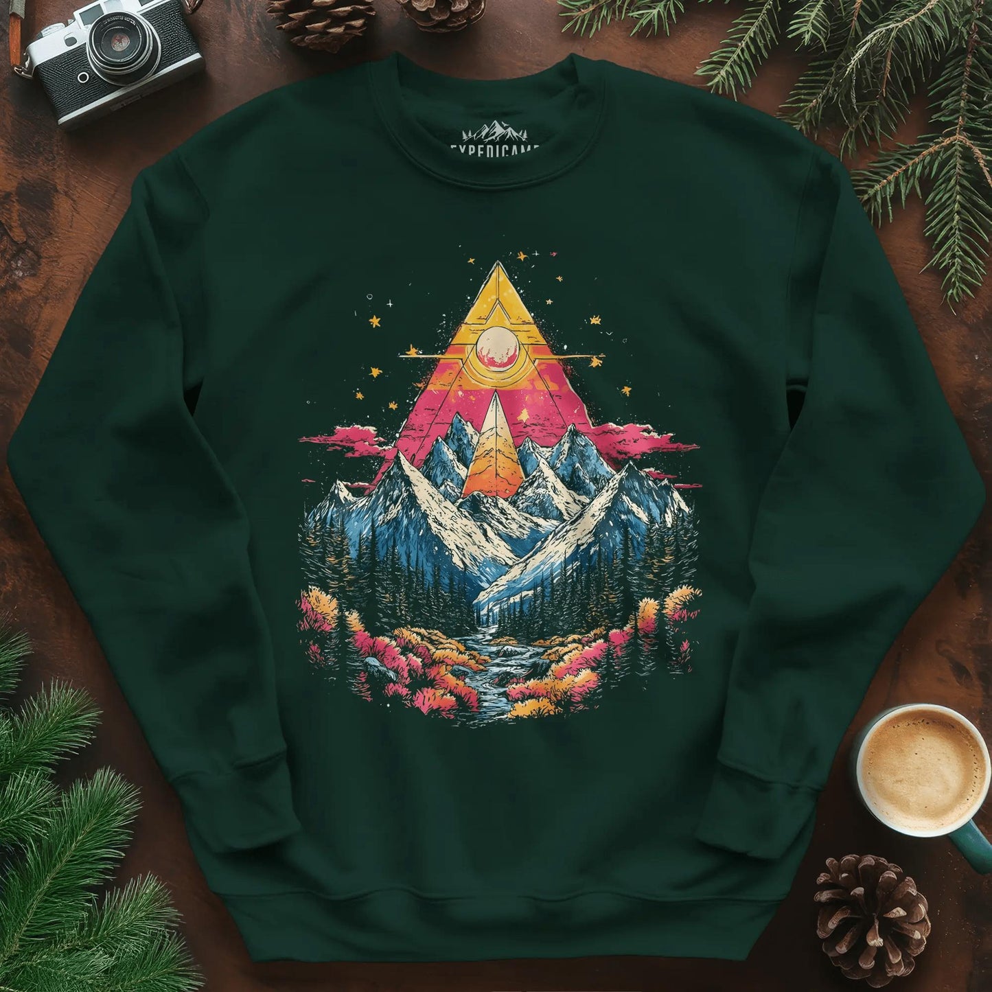 Cosmic Peaks Sweatshirt – Forest Green – Outdoor apparel for travel, hiking, camping, and nature lovers – ExpediCamp