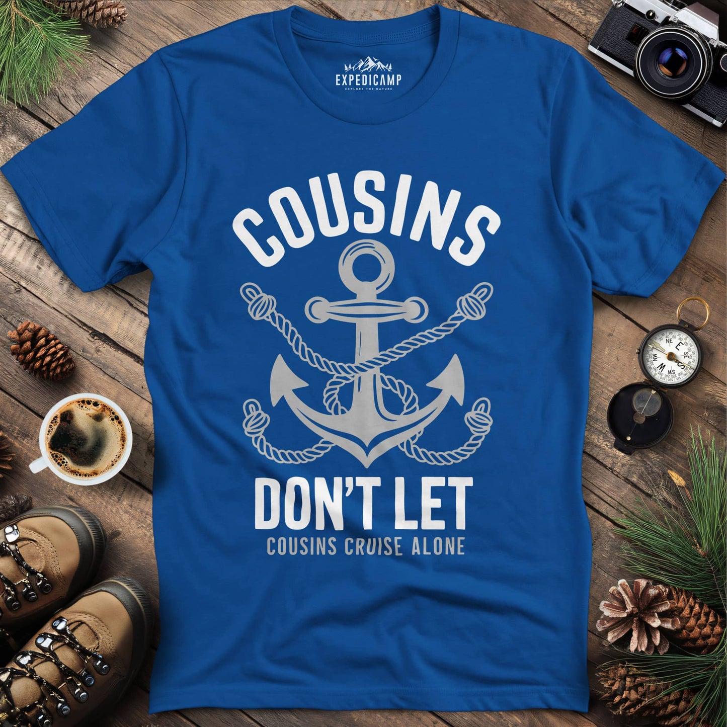 Cousins Don’t Let Cousins Cruise Alone Anchor T-Shirt – Royal – Outdoor apparel for travel, hiking, camping, and nature lovers – ExpediCamp