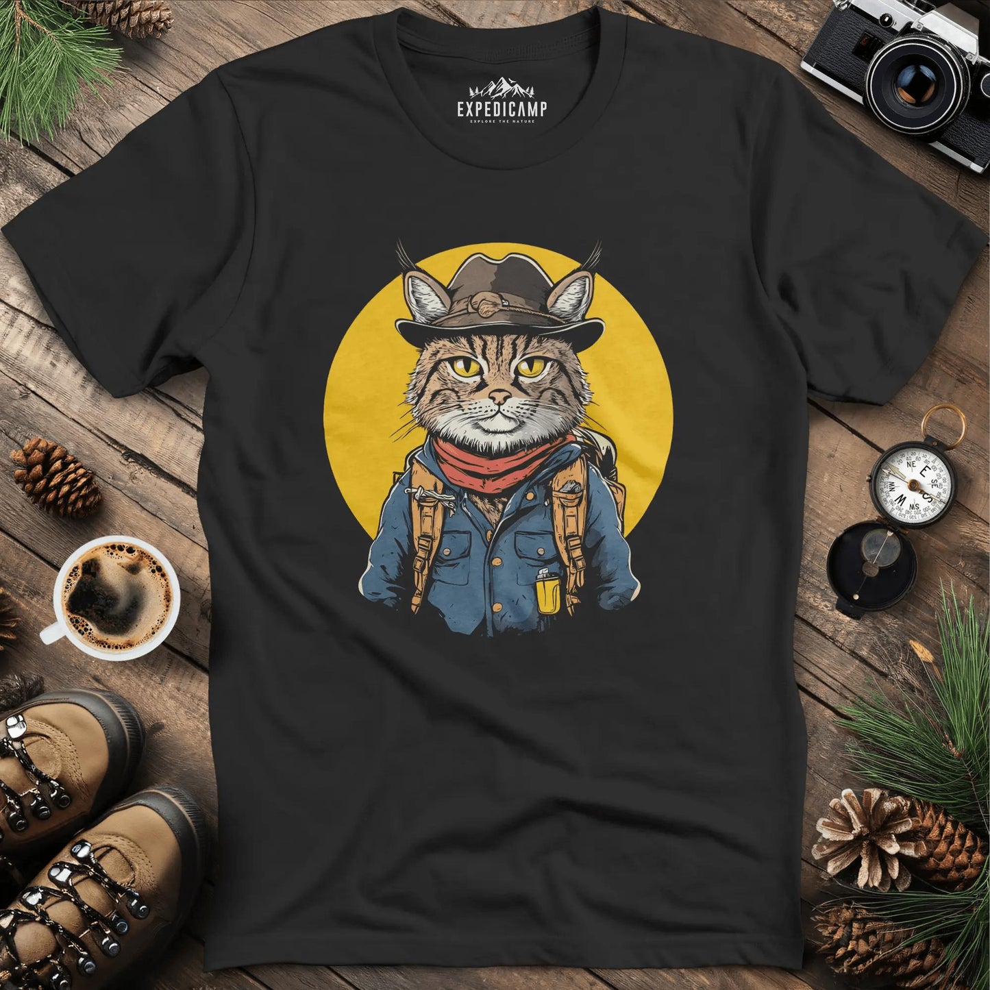 Cowboy Cat Hiker T-Shirt – Western Wilderness Style – Black – Outdoor apparel for travel, hiking, camping, and nature lovers – ExpediCamp