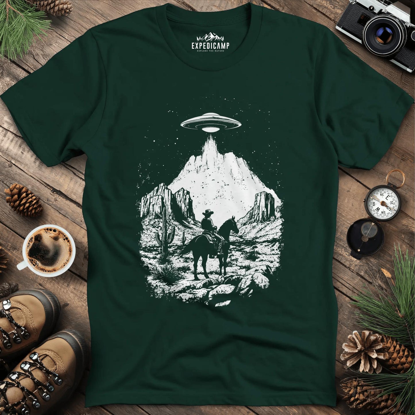 Cowboy UFO T-Shirt – Forest Green – Outdoor apparel for travel, hiking, camping, and nature lovers – ExpediCamp