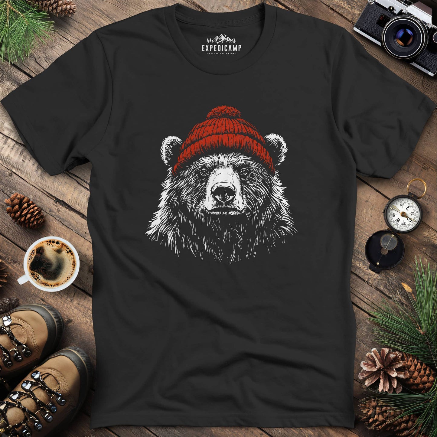 Cozy Beanie Bear T-Shirt – Black – Outdoor apparel for travel, hiking, camping, and nature lovers – ExpediCamp