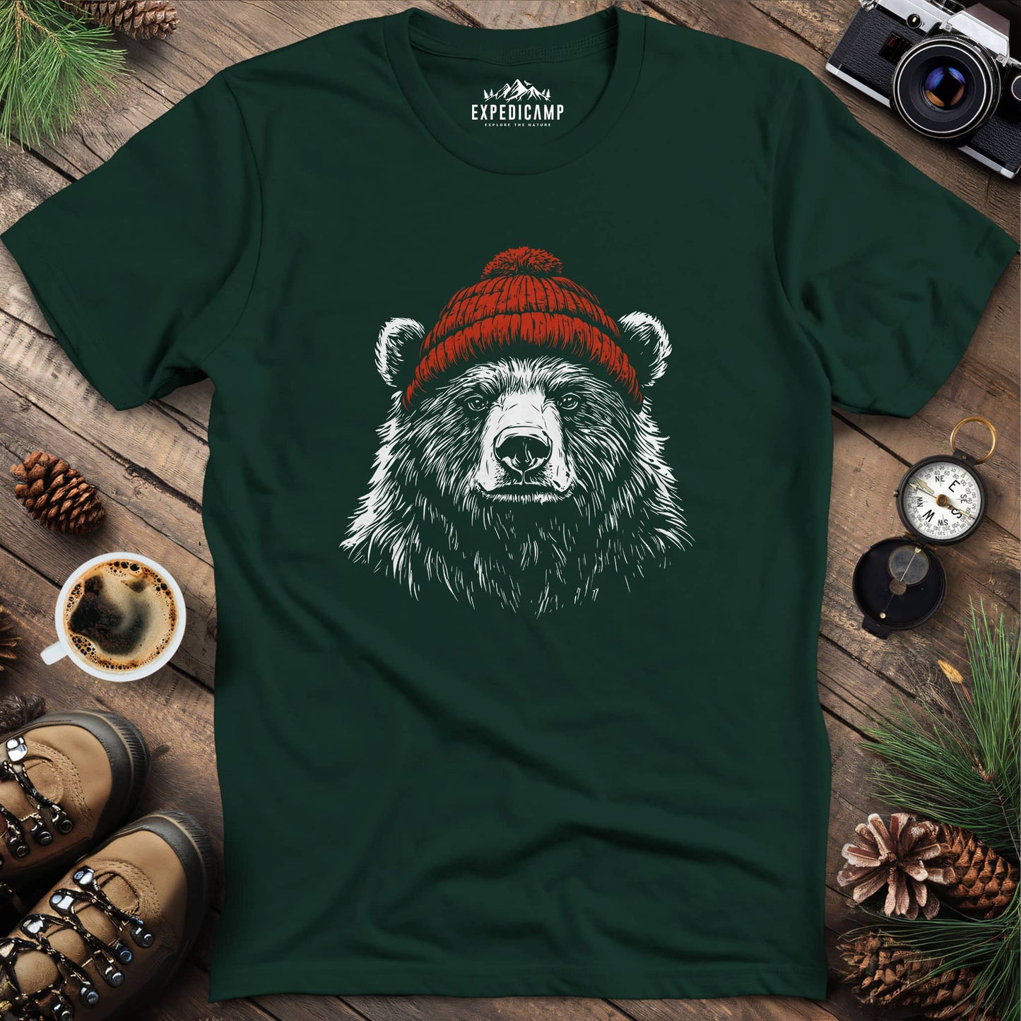 Cozy Beanie Bear T-Shirt – Forest Green – Outdoor apparel for travel, hiking, camping, and nature lovers – ExpediCamp