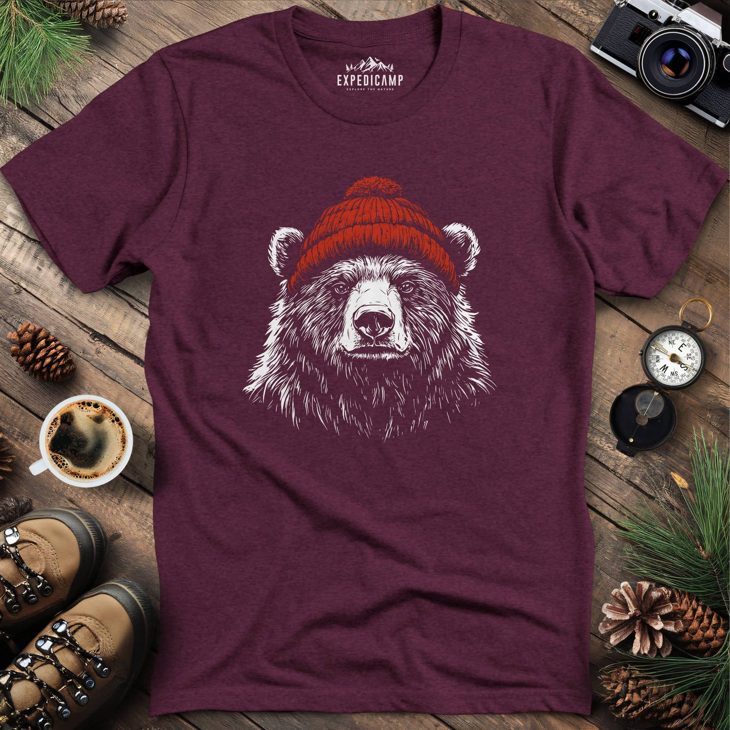 Cozy Beanie Bear T-Shirt – Heather Maroon – Outdoor apparel for travel, hiking, camping, and nature lovers – ExpediCamp