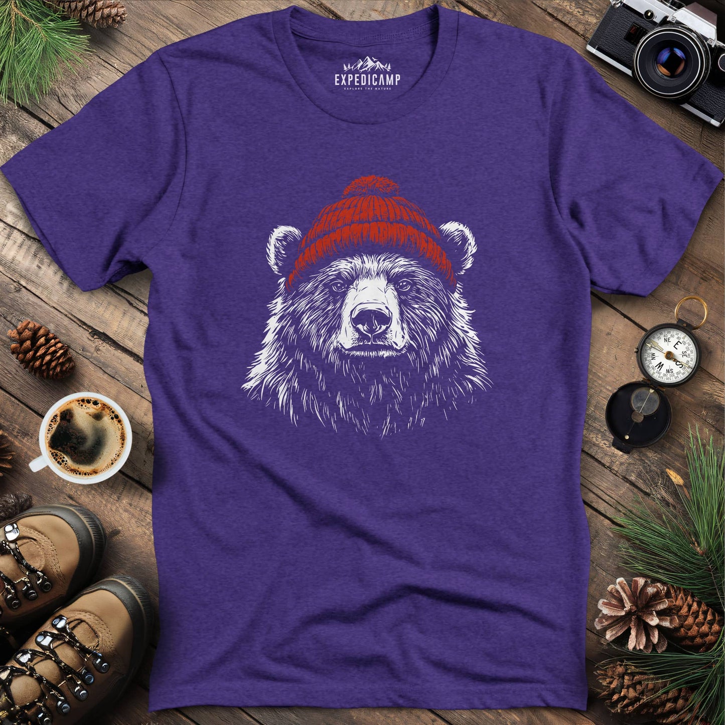 Cozy Beanie Bear T-Shirt – Heather Purple – Outdoor apparel for travel, hiking, camping, and nature lovers – ExpediCamp