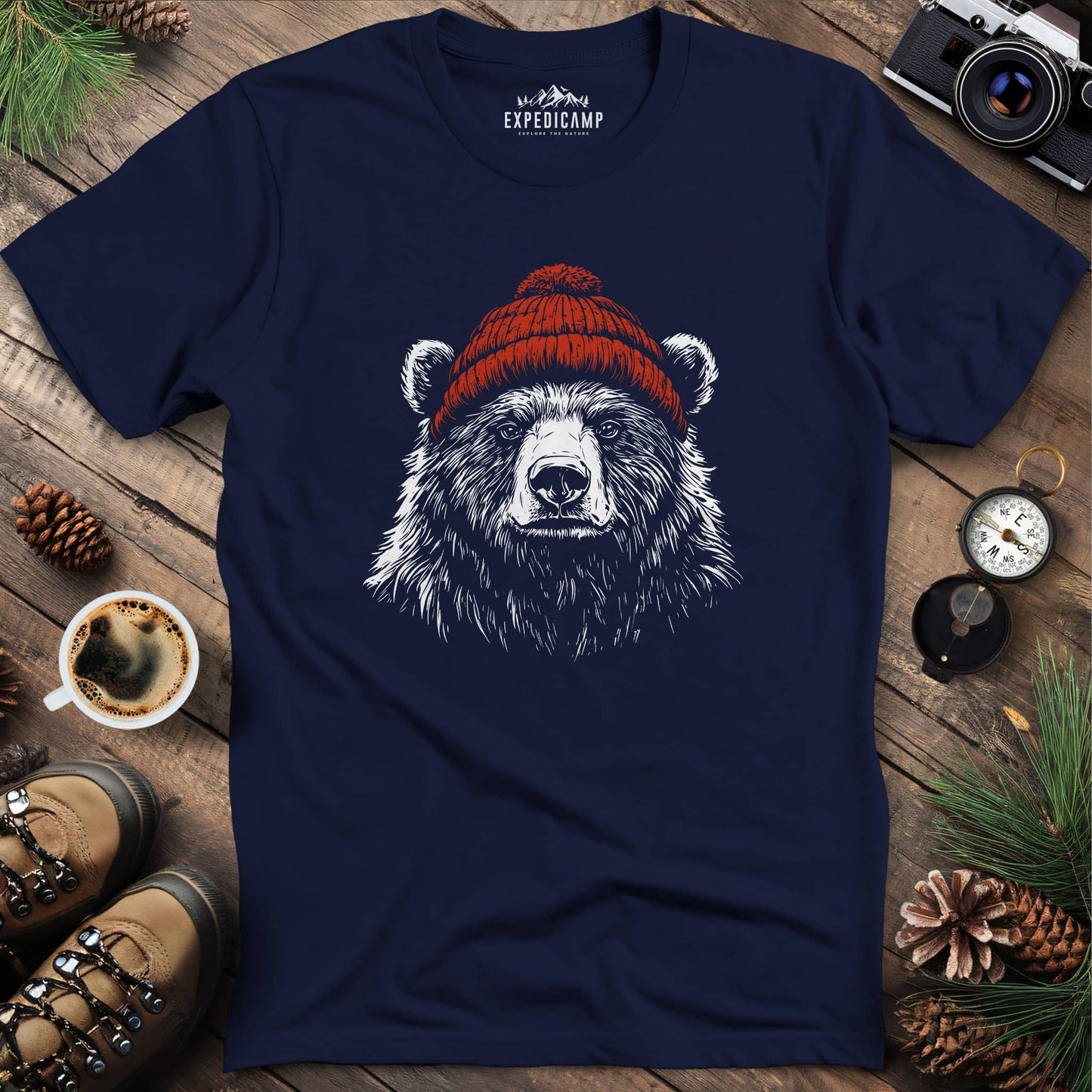 Cozy Beanie Bear T-Shirt – Navy – Outdoor apparel for travel, hiking, camping, and nature lovers – ExpediCamp