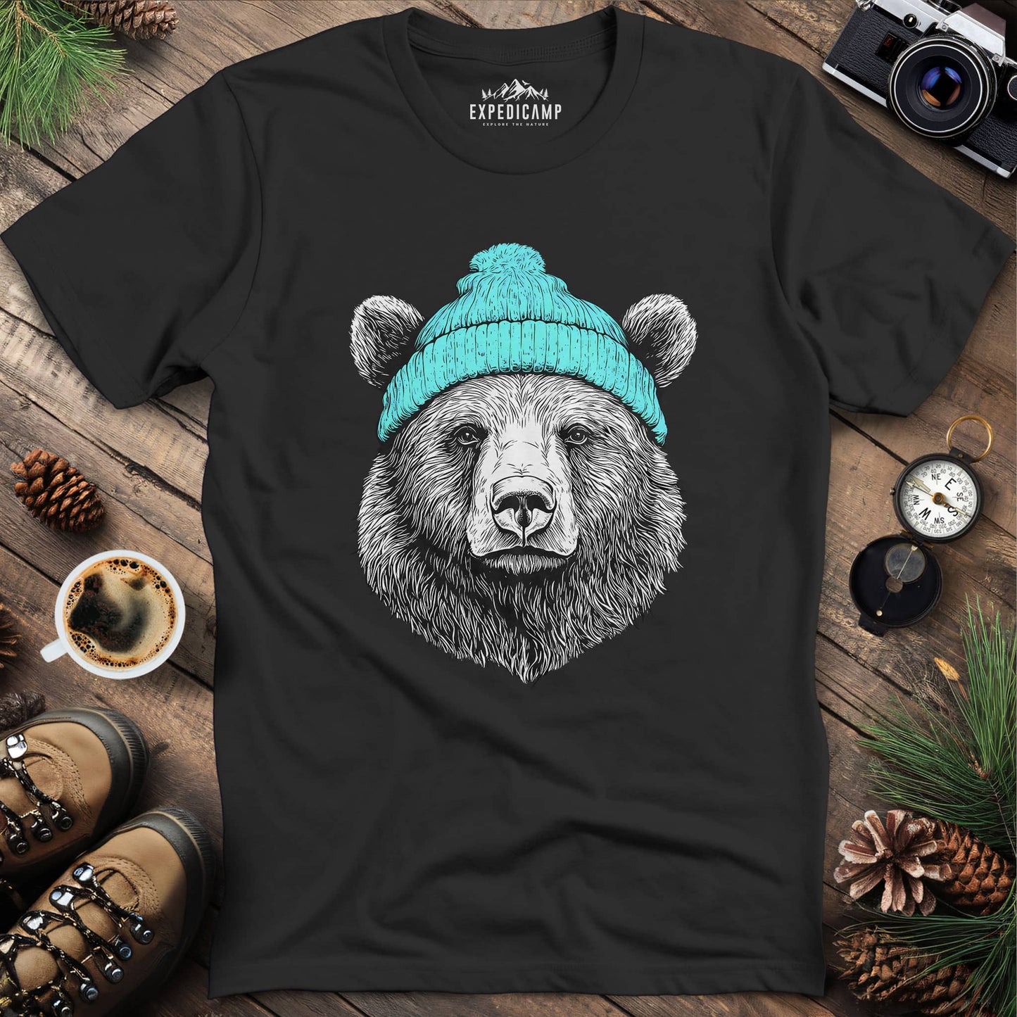 Cozy Winter Bear T-Shirt – Black – Outdoor apparel for travel, hiking, camping, and nature lovers – ExpediCamp