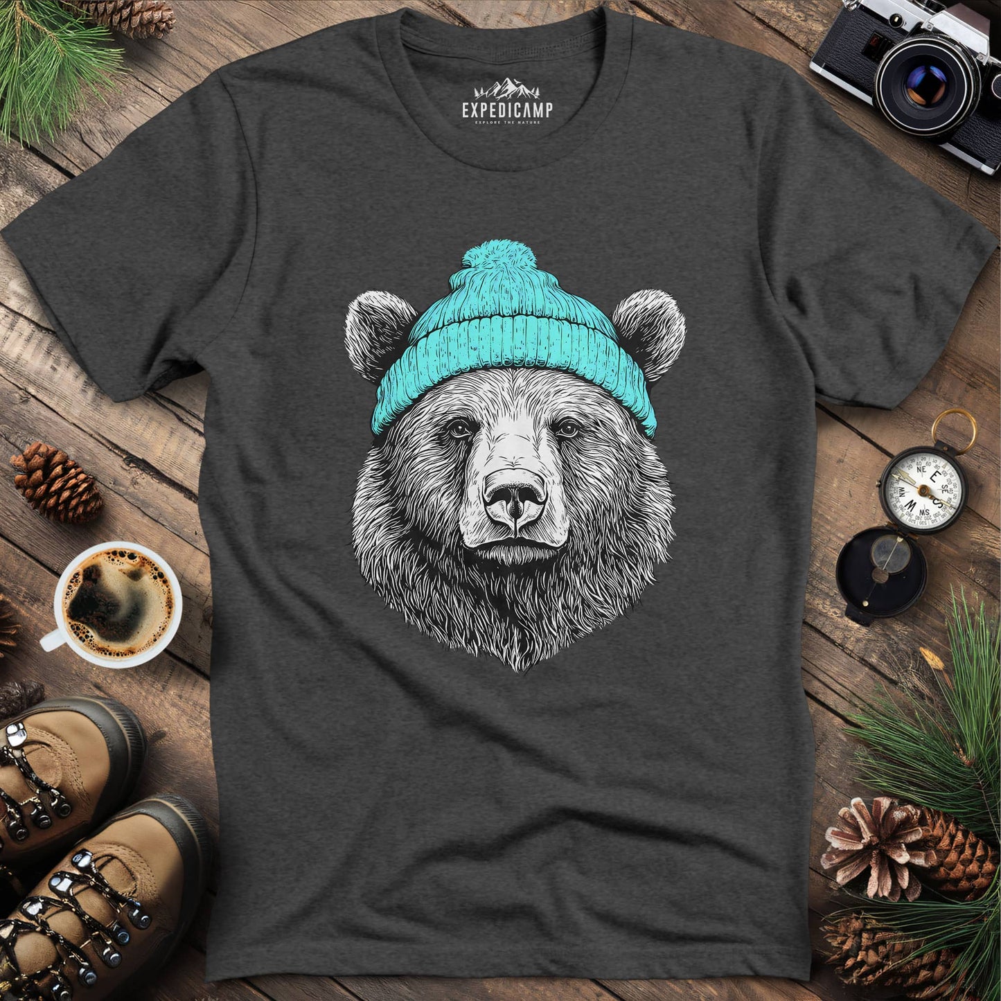 Cozy Winter Bear T-Shirt – Dark Heather – Outdoor apparel for travel, hiking, camping, and nature lovers – ExpediCamp