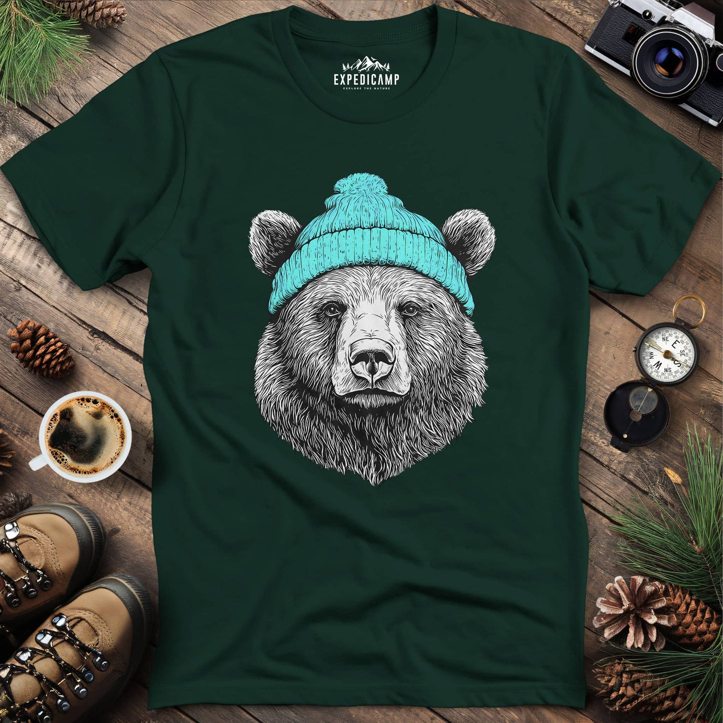 Cozy Winter Bear T-Shirt – Forest Green – Outdoor apparel for travel, hiking, camping, and nature lovers – ExpediCamp